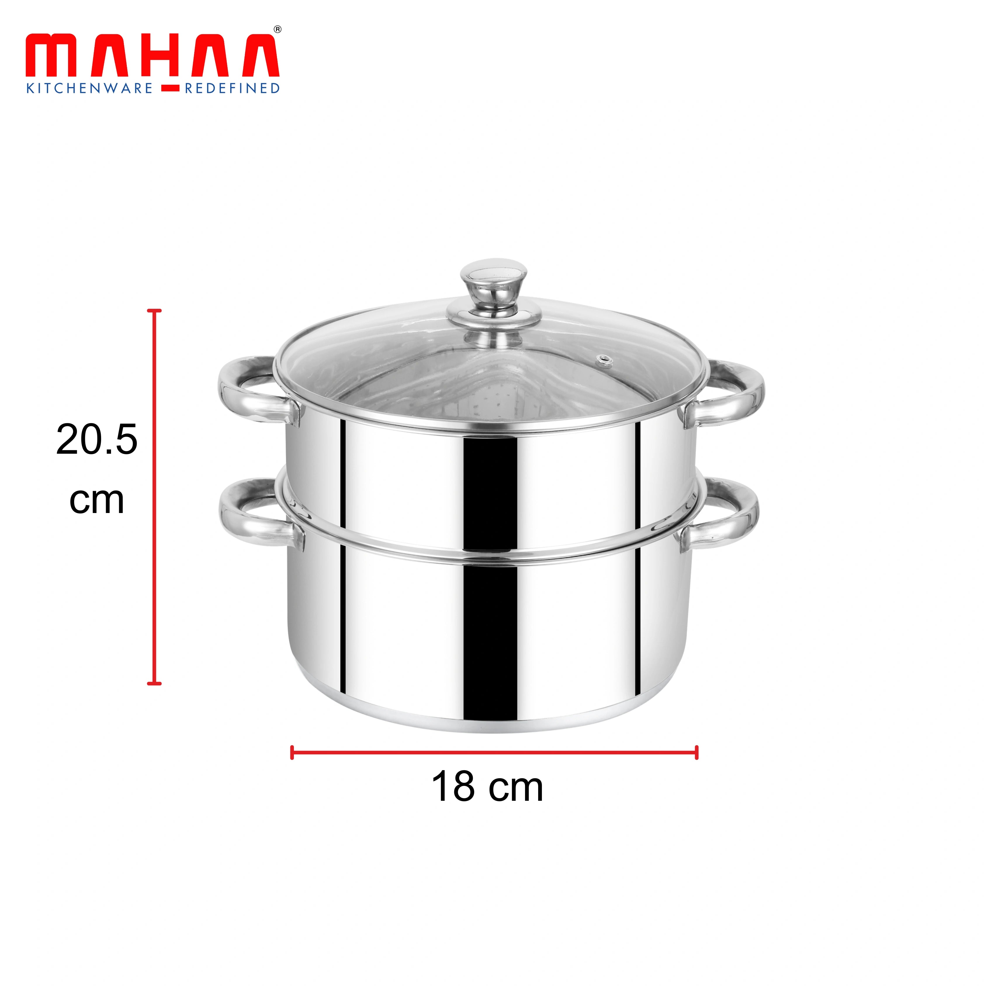 MAHAA Stainless Steel 2-Tier Utena Smart Steamer for Idlis, Momos & Vegetables | Tri Ply Base | Induction & Gas Compatible | Food-Grade SS | Easy to Clean (18CM / 20CM)