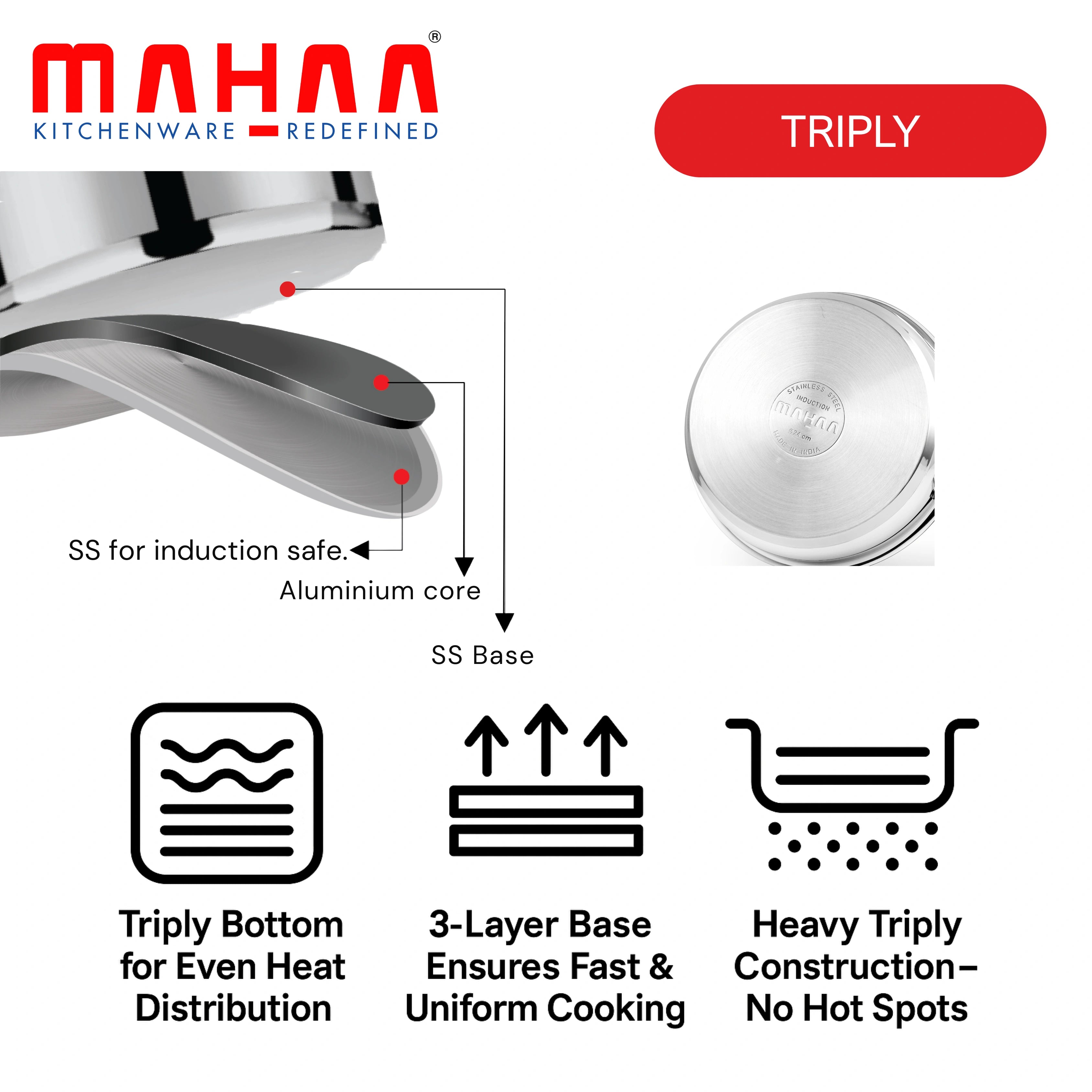 MAHAA Avanti Stainless Steel Tope 5 Pc Set – Premium Quality | Multipurpose Cook & Serve Handi | Tri Ply Base | Non-stick | Gas & Induction Compatible | 12 CM + 14 CM + 16 CM + 18 CM + 20 CM