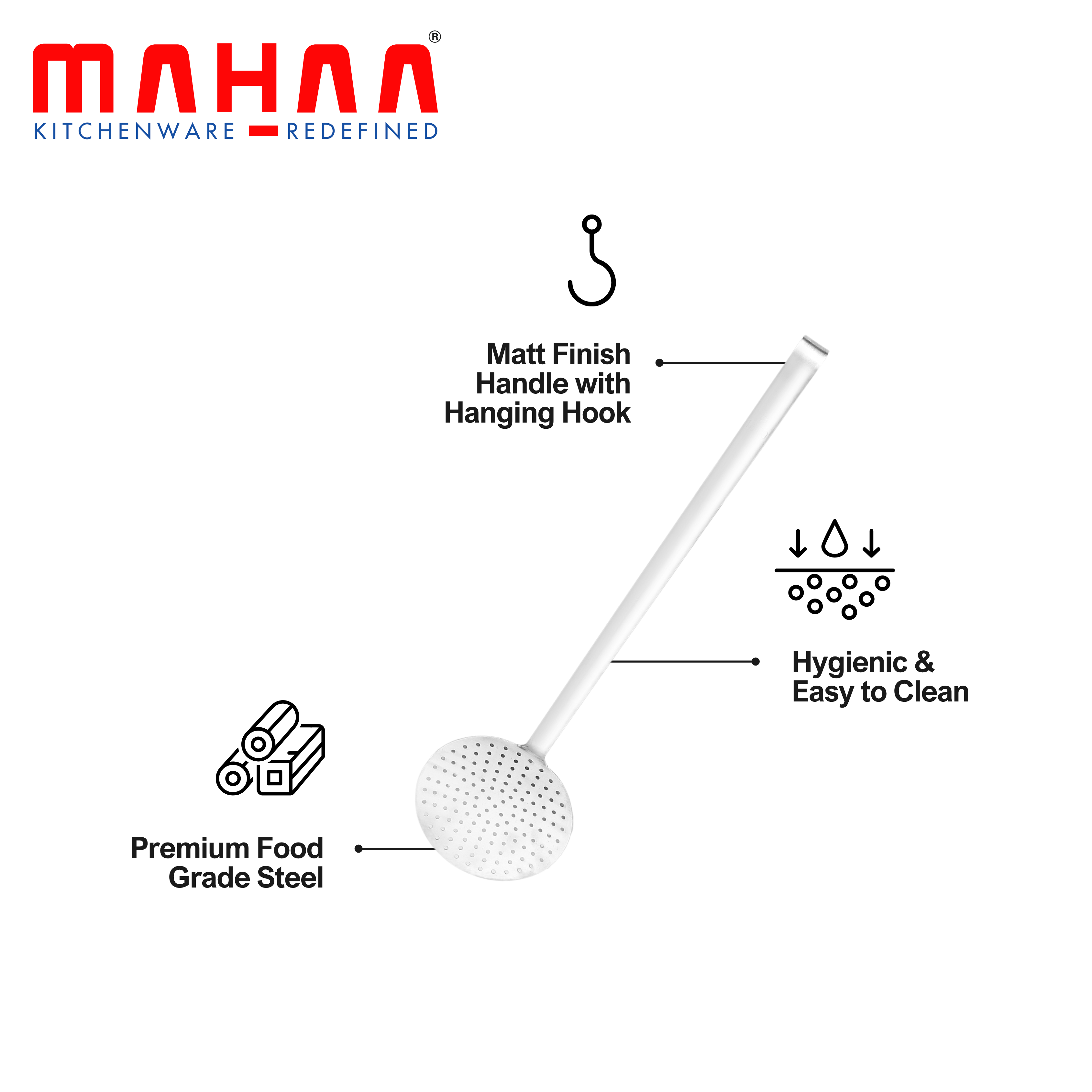 MAHAA Stainless Steel Skimmer – Heat-Resistant Handle | Rust-Free | Ideal for Deep Frying, Draining & Straining | 8/10/12/14/16/18/20 CM