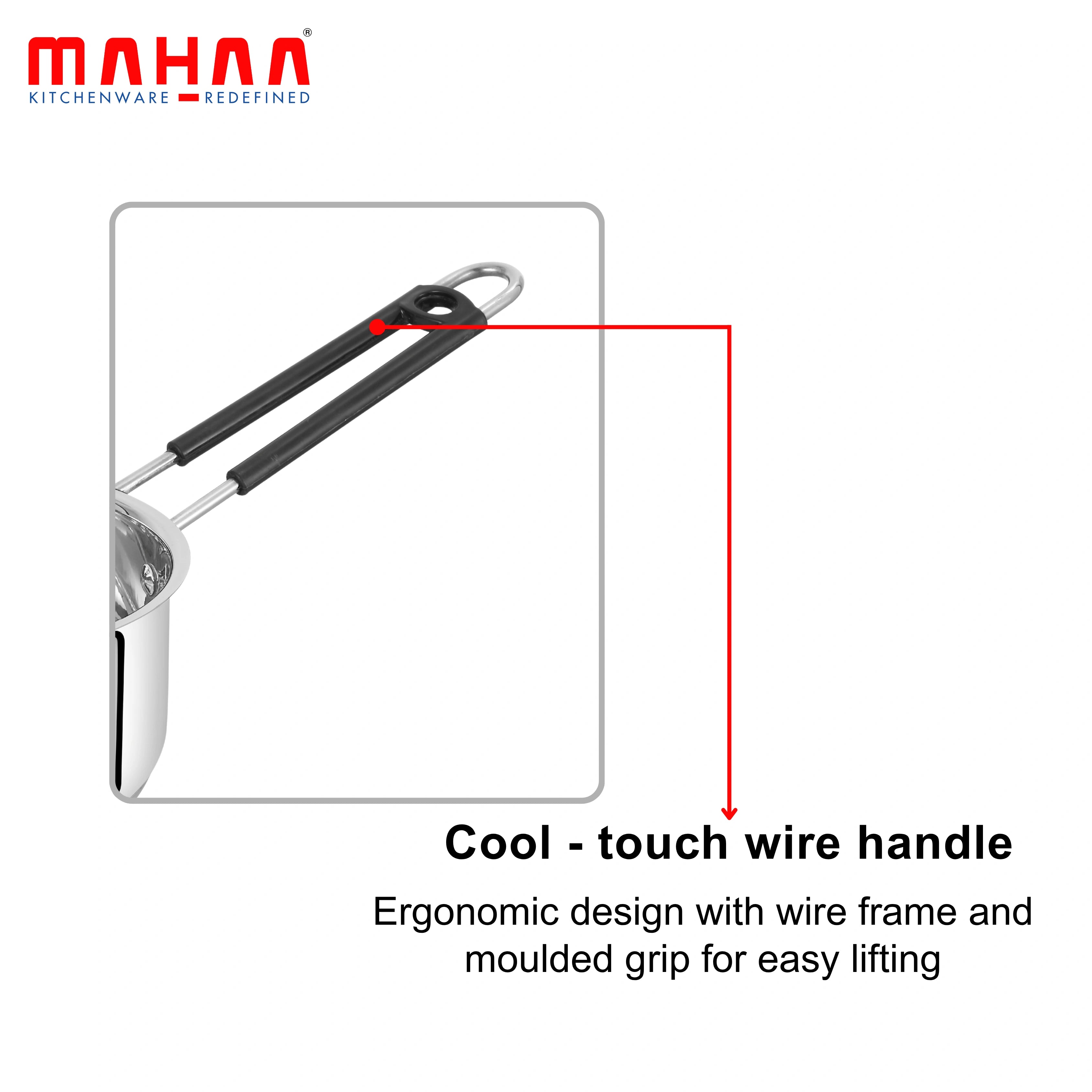 MAHAA Utena Stainless Steel Sauce Pan – Tea, Milk, Soup, Maggie Pan | Tri Ply Base | Non-stick | Gas & Induction Compatible | StayCool+ Handle | 14cm / 16cm / 18cm / 20cm