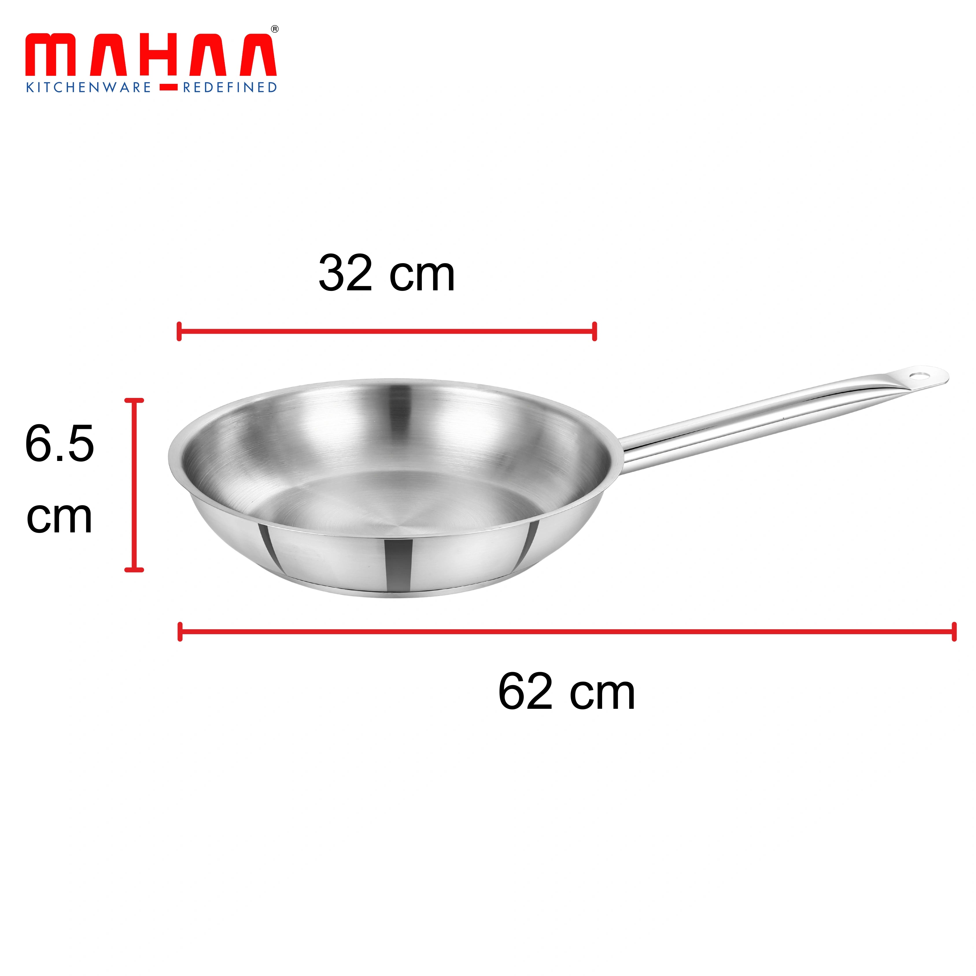 MAHAA Stainless Steel Professional Fry Pan – Scratch-Resistant Body | Heavy-Duty Stainless Steel | Tri Ply Base | Gas &  Induction Compatible | Cool-Touch Handle | 20/24/26/28/30/32 cm