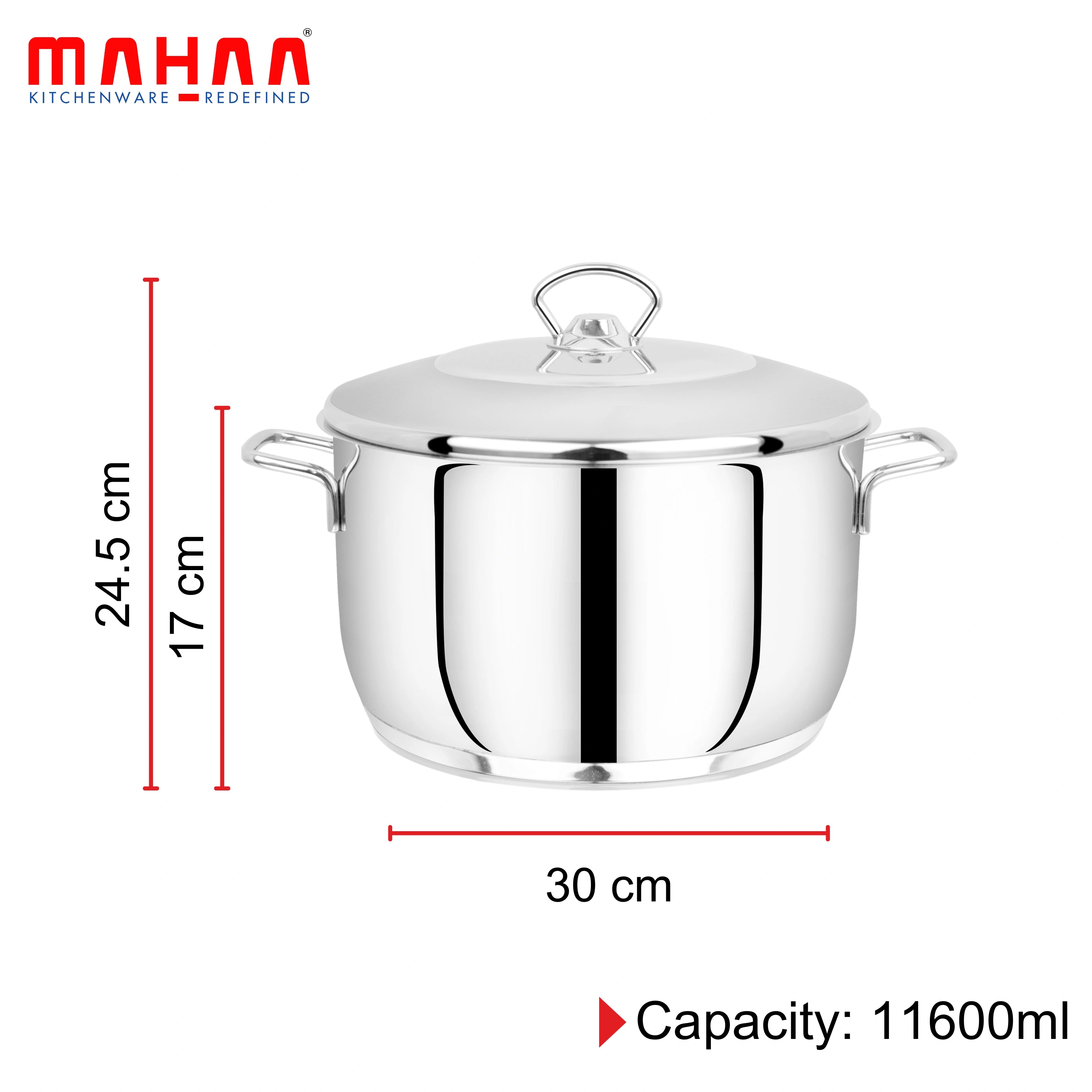 MAHAA Avanti Stainless Steel Cooking / Biryani Pot – Premium Quality with Snug-Fit Lid | Tri Ply Base | Non-stick | Gas & Induction Compatible | Cool-Touch Handle | 1.2L to 11.6L | Free ₹300 SS Water Bottle