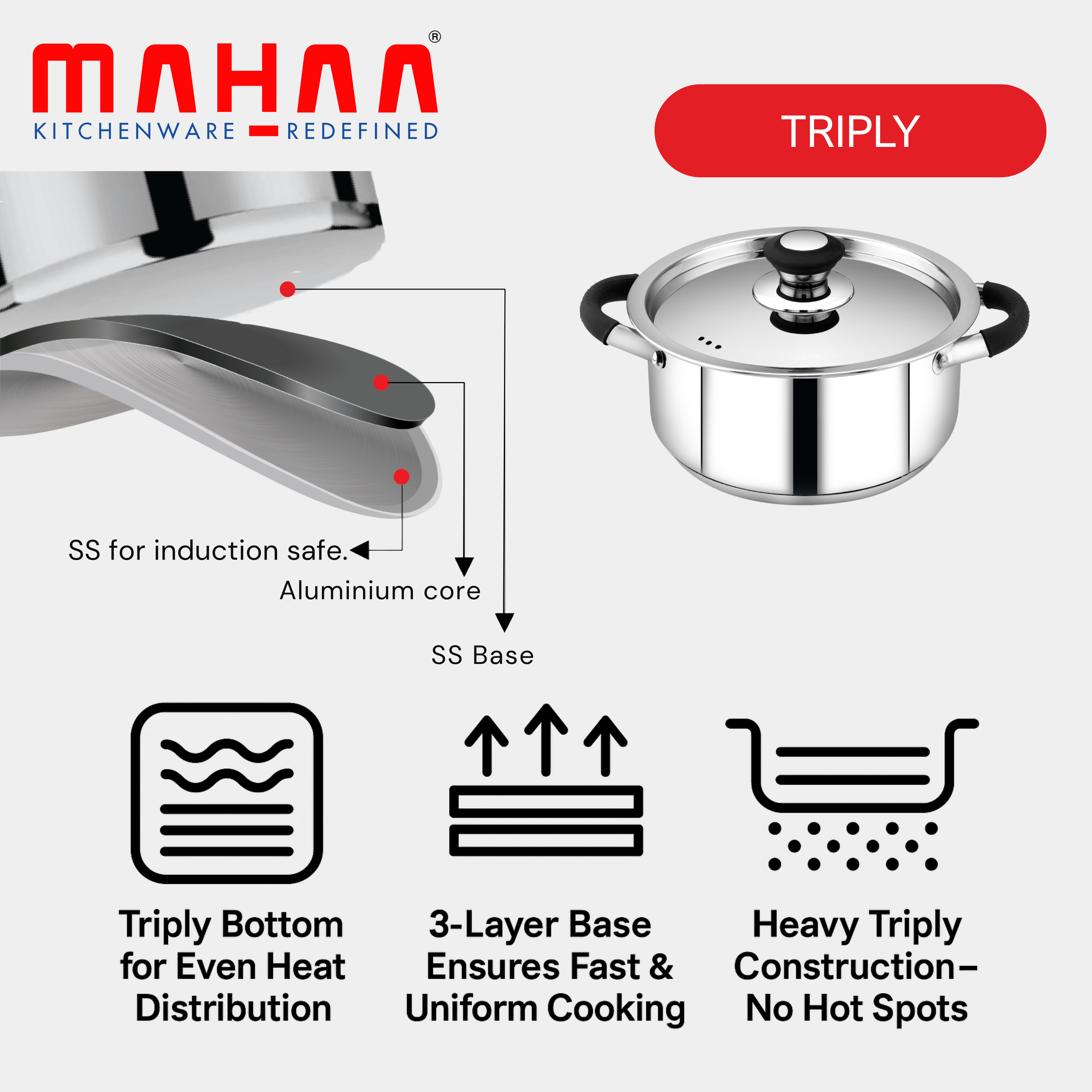 MAHAA Chroma Stainless Steel Casserole + Lid – Cook Curries, Dal, Rice| Easy Clean | Tri Ply Base | Non-stick | Gas & Induction Compatible | StayCool+ Handle and Knob | 2.5L/3.6L/4.5L