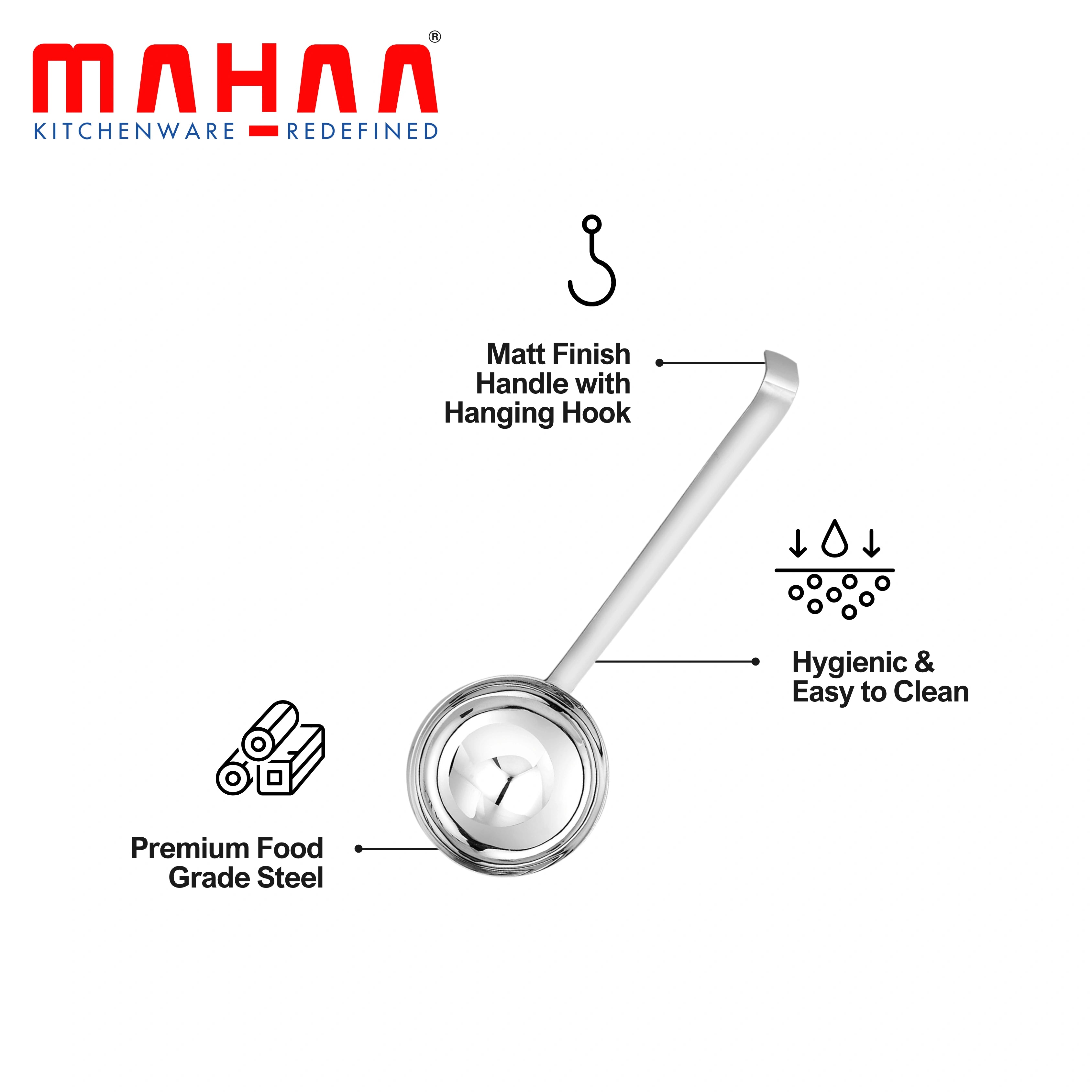 MAHAA Stainless Steel Ladle – Heat-Resistant Handle | Deep Bowl Design | Rust-Free | Ideal for Soups, Stews, Sauces & Curries | 6.5/8/10/12/14/16/18//20 CM