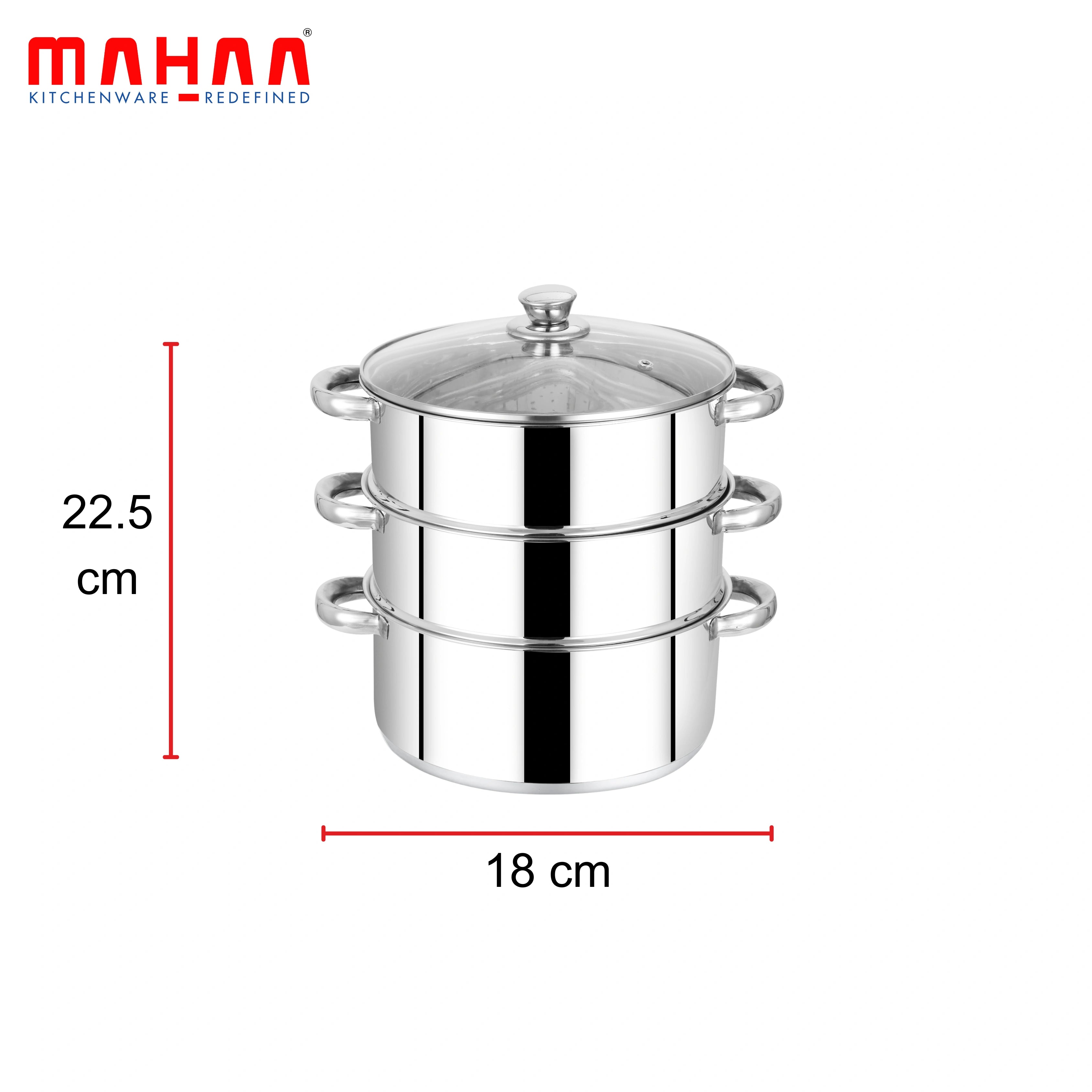 MAHAA Stainless Steel 3-Tier Utena Smart Steamer for Idlis, Momos & Vegetables | Tri Ply Base | Induction & Gas Compatible | Food-Grade SS | Easy to Clean (18CM / 20CM)