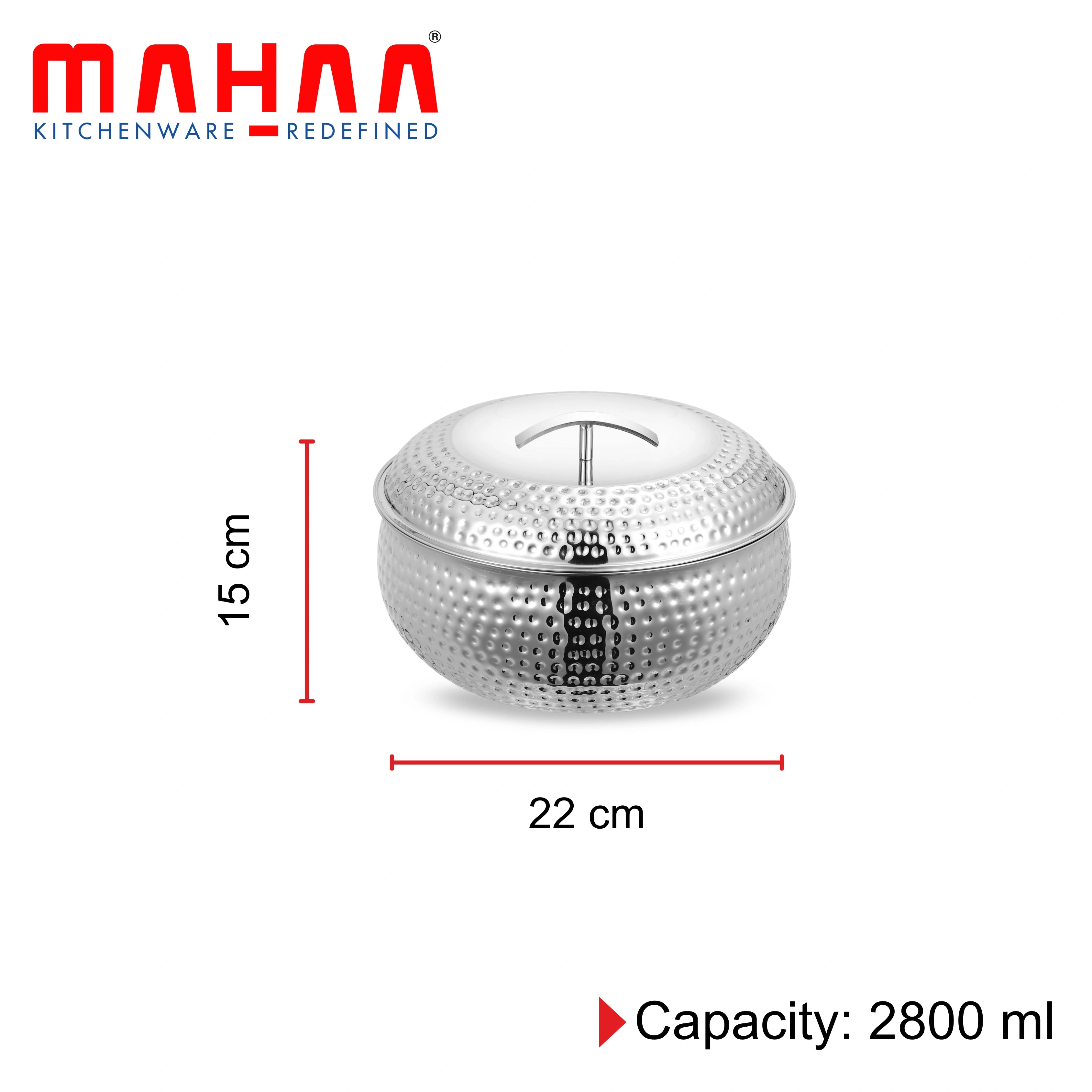 MAHAA Curve Premium Double Wall Insulated Stainless Steel Casserole - Hot Pot for Roti-Rice-Gravy-Curry | Hammered Finish | Silver Hot Box with Snug Fit Lid Lid | Retains Temperature, Twist Lock |