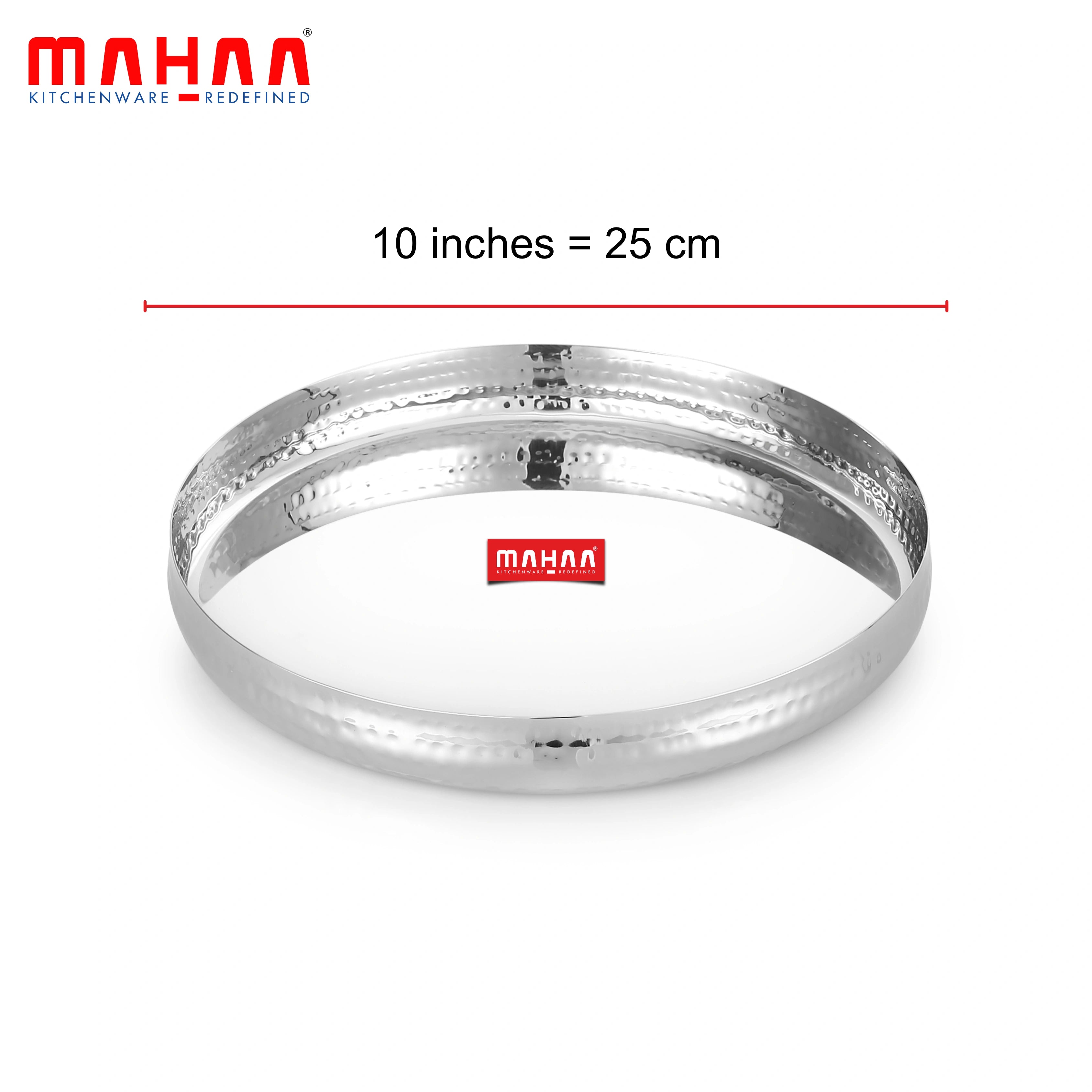 MAHAA Stainless Steel Bulging Thali – 2 Pcs Set | High Quality | Hammered Finish | Durable & Rust-Free | Ideal for Daily & Festive Use | 25cm, 28cm, 30.5cm, 33cm