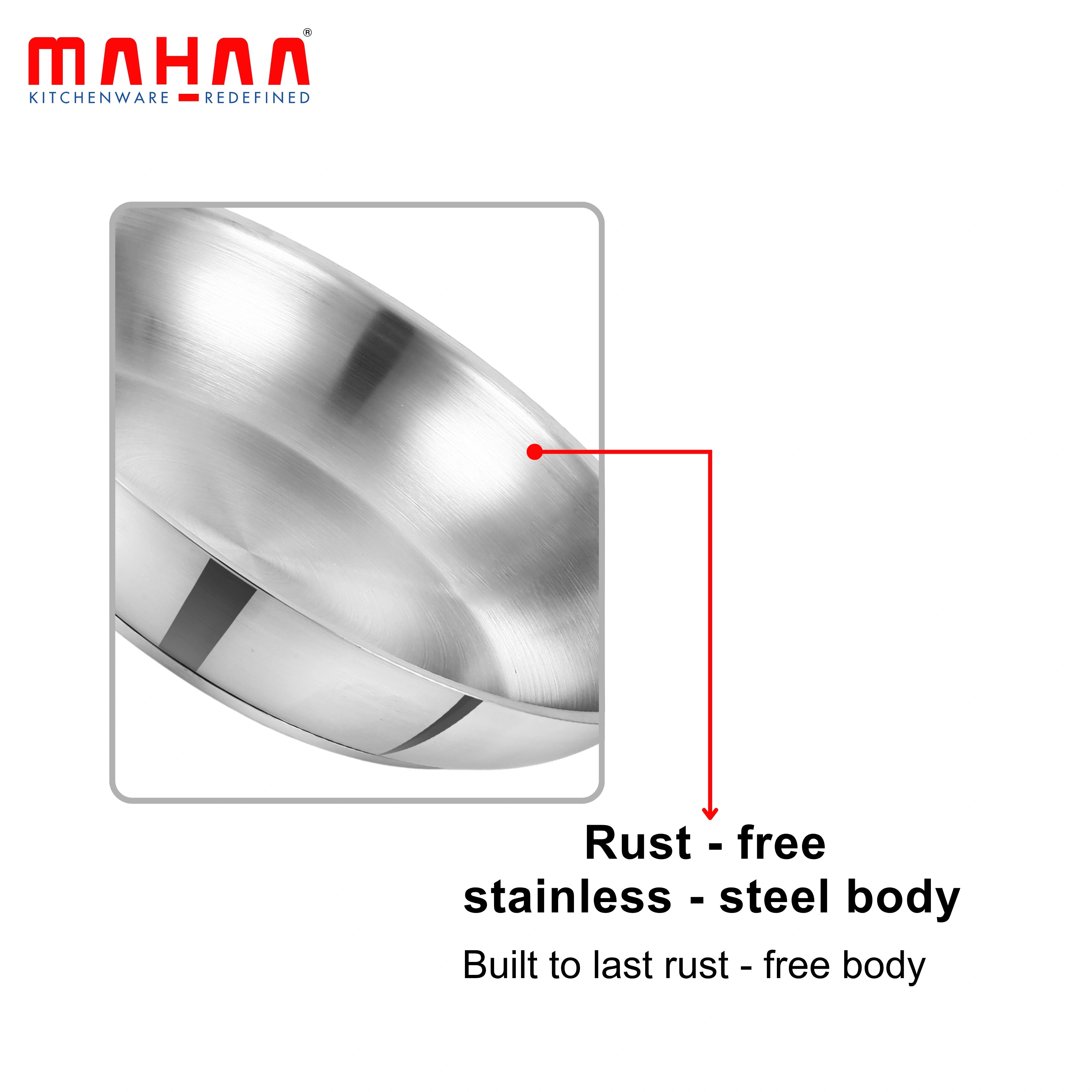 MAHAA Stainless Steel Professional Fry Pan – Scratch-Resistant Body | Heavy-Duty Stainless Steel | Tri Ply Base | Gas &  Induction Compatible | Cool-Touch Handle | 20/24/26/28/30/32 cm