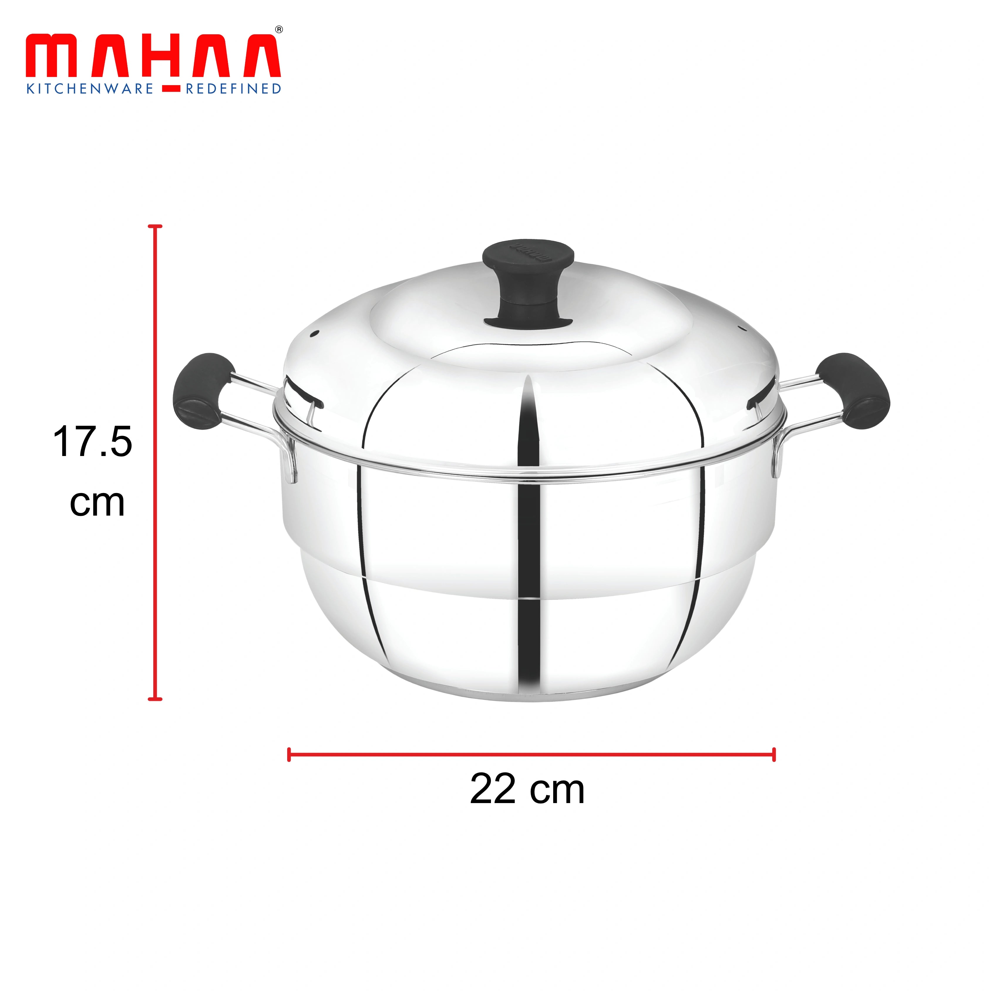 MAHAA Stainless Steel Multi Kadai 22CM – Versatile Kadai with Steam Release Lid | Steam Idlis, Mini Idlis, Dhokla, Idiyappams, Momos and Vegetables | Tri Ply Base | StayCool+ Handle & Lid Knob