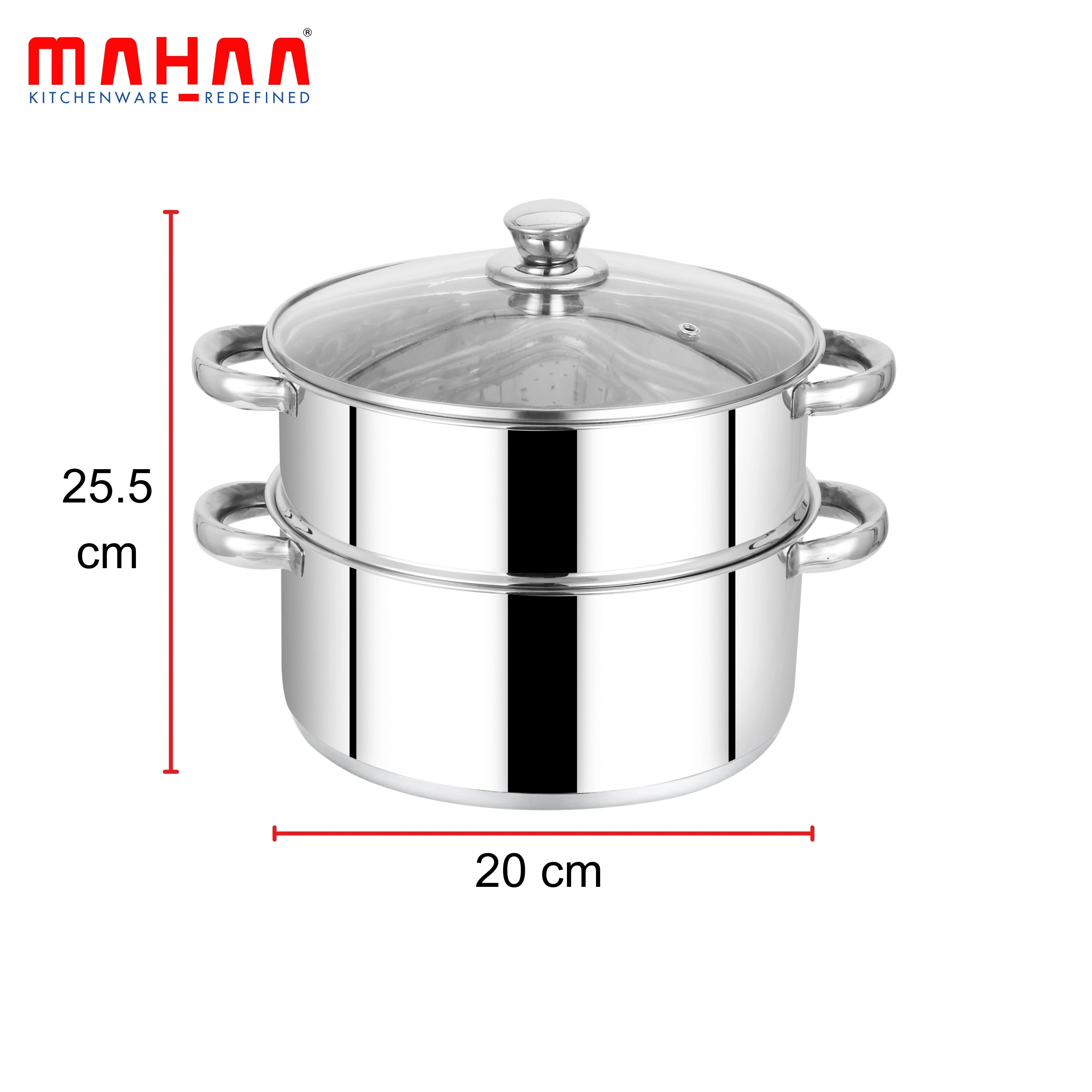MAHAA Stainless Steel 2-Tier Utena Smart Steamer for Idlis, Momos & Vegetables | Tri Ply Base | Induction & Gas Compatible | Food-Grade SS | Easy to Clean (18CM / 20CM)