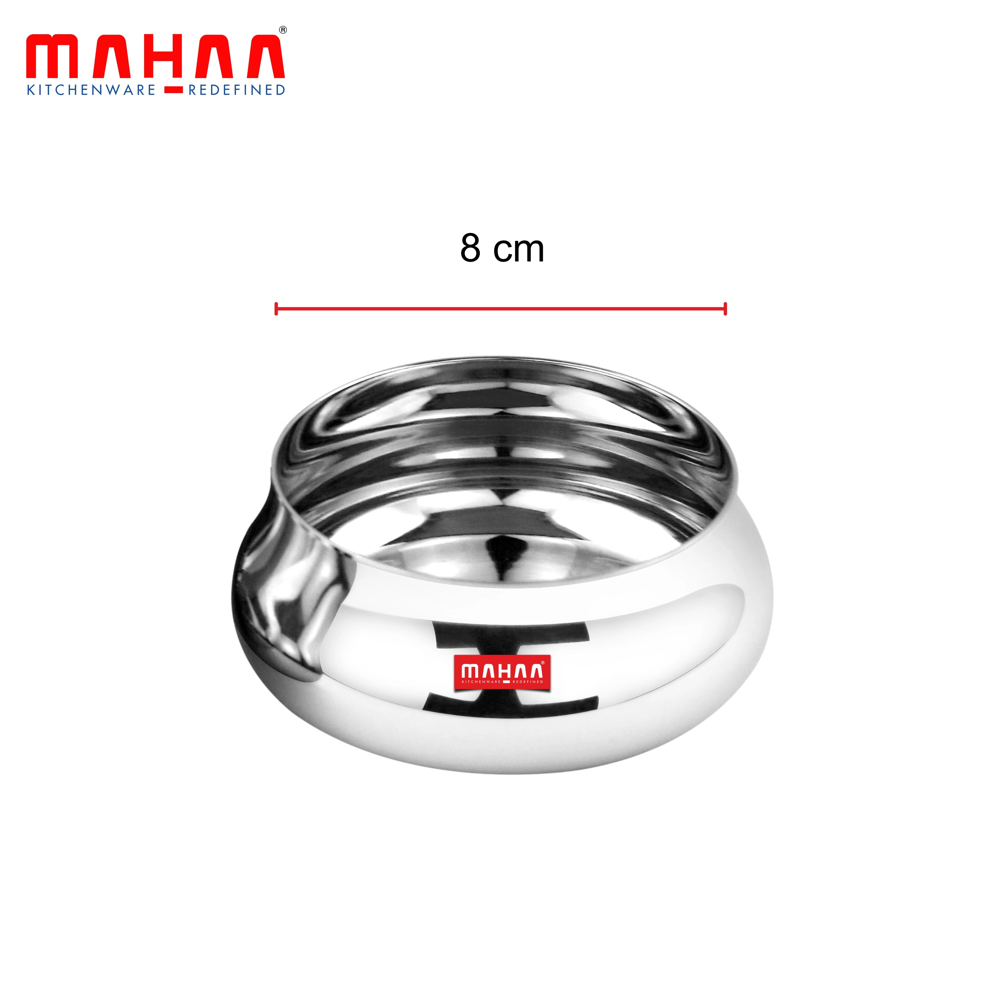 MAHAA Stainless Steel Bulging Katori – 2 Pcs Set | High Quality | Mirror Finish | Rust-Free & Dishwasher Safe | Ideal for Curries, Sweets & Side Servings | 6 cm, 7 cm, 8 cm, 12 cm