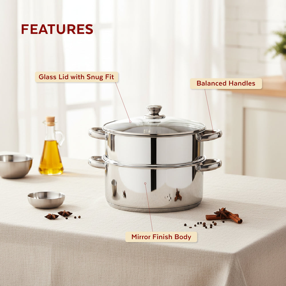 Stainless Steel 2-Tier Utena Smart Steamer for Idlis, Momos & Vegetables, Tri Ply Base, Induction & Gas Compatible, Food-Grade SS, Easy to Clean (18CM / 20CM)