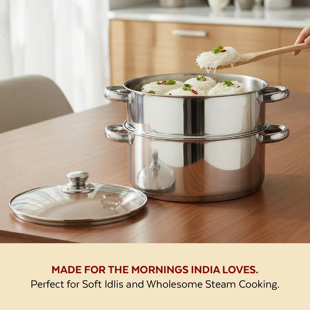 Stainless Steel 2-Tier Utena Smart Steamer for Idlis, Momos & Vegetables, Tri Ply Base, Induction & Gas Compatible, Food-Grade SS, Easy to Clean (18CM / 20CM)