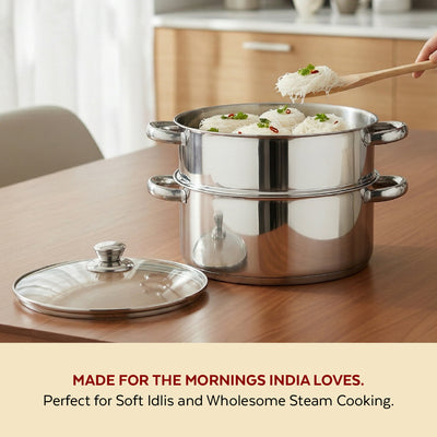Stainless Steel 2-Tier Utena Smart Steamer for Idlis, Momos & Vegetables, Tri Ply Base, Induction & Gas Compatible, Food-Grade SS, Easy to Clean (18CM / 20CM)