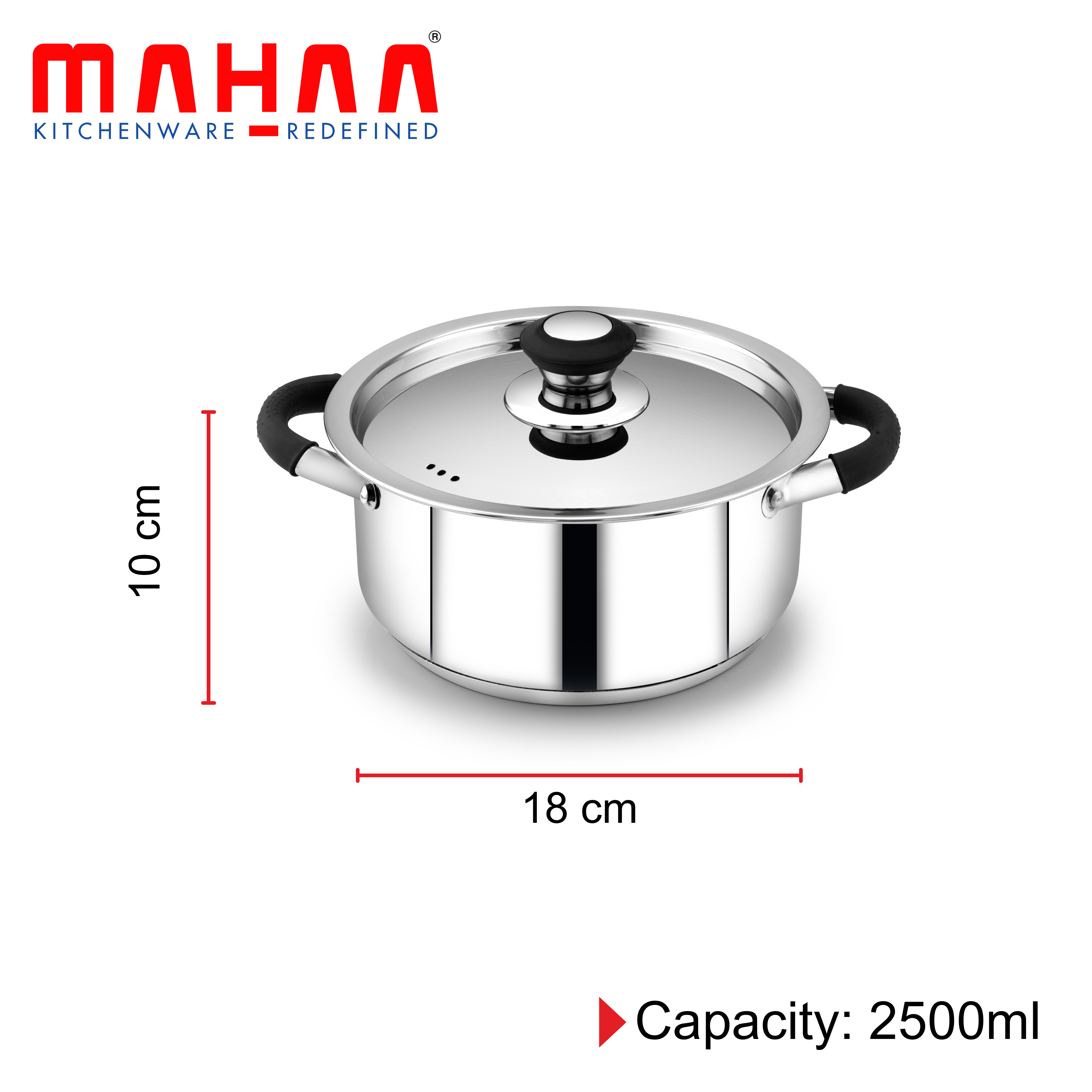 MAHAA Chroma Stainless Steel Casserole + Lid – Cook Curries, Dal, Rice| Easy Clean | Tri Ply Base | Non-stick | Gas & Induction Compatible | StayCool+ Handle and Knob | 2.5L/3.6L/4.5L