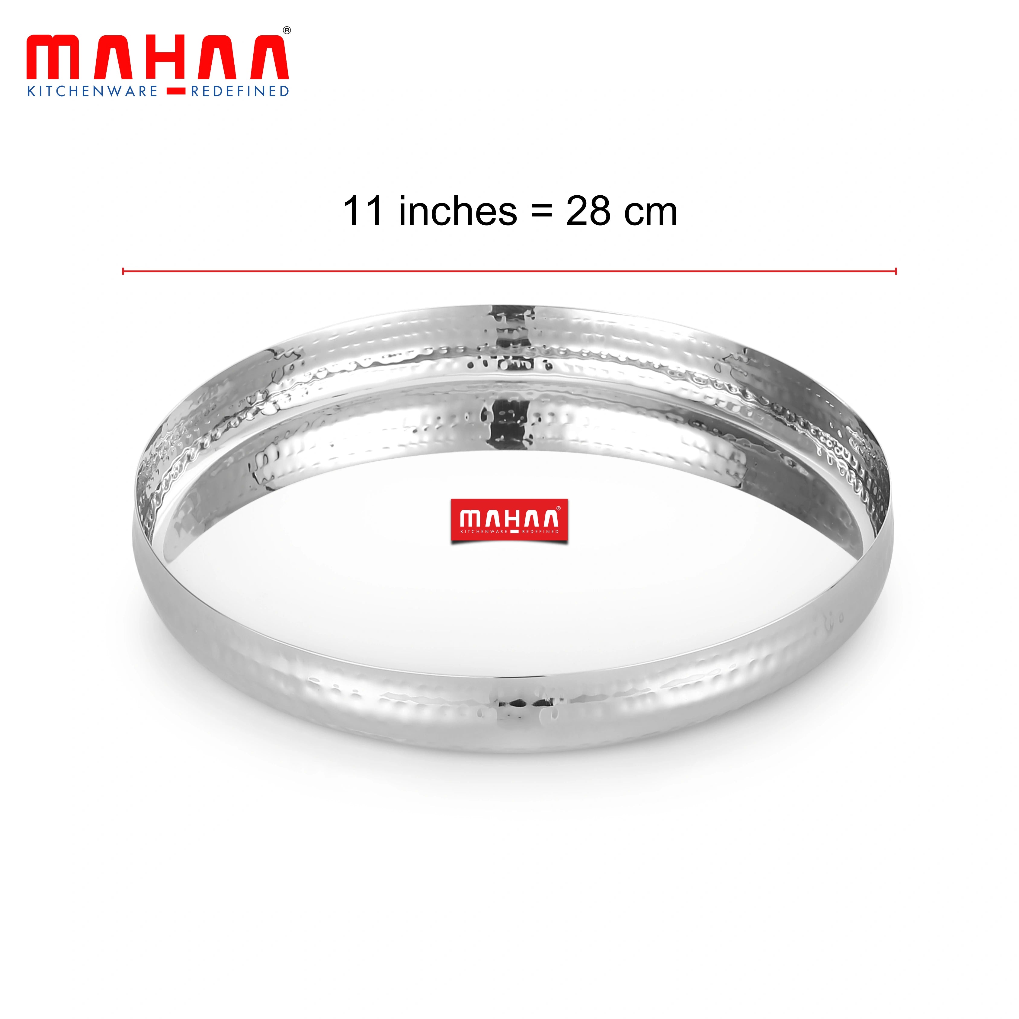MAHAA Stainless Steel Bulging Thali – 2 Pcs Set | High Quality | Hammered Finish | Durable & Rust-Free | Ideal for Daily & Festive Use | 25cm, 28cm, 30.5cm, 33cm