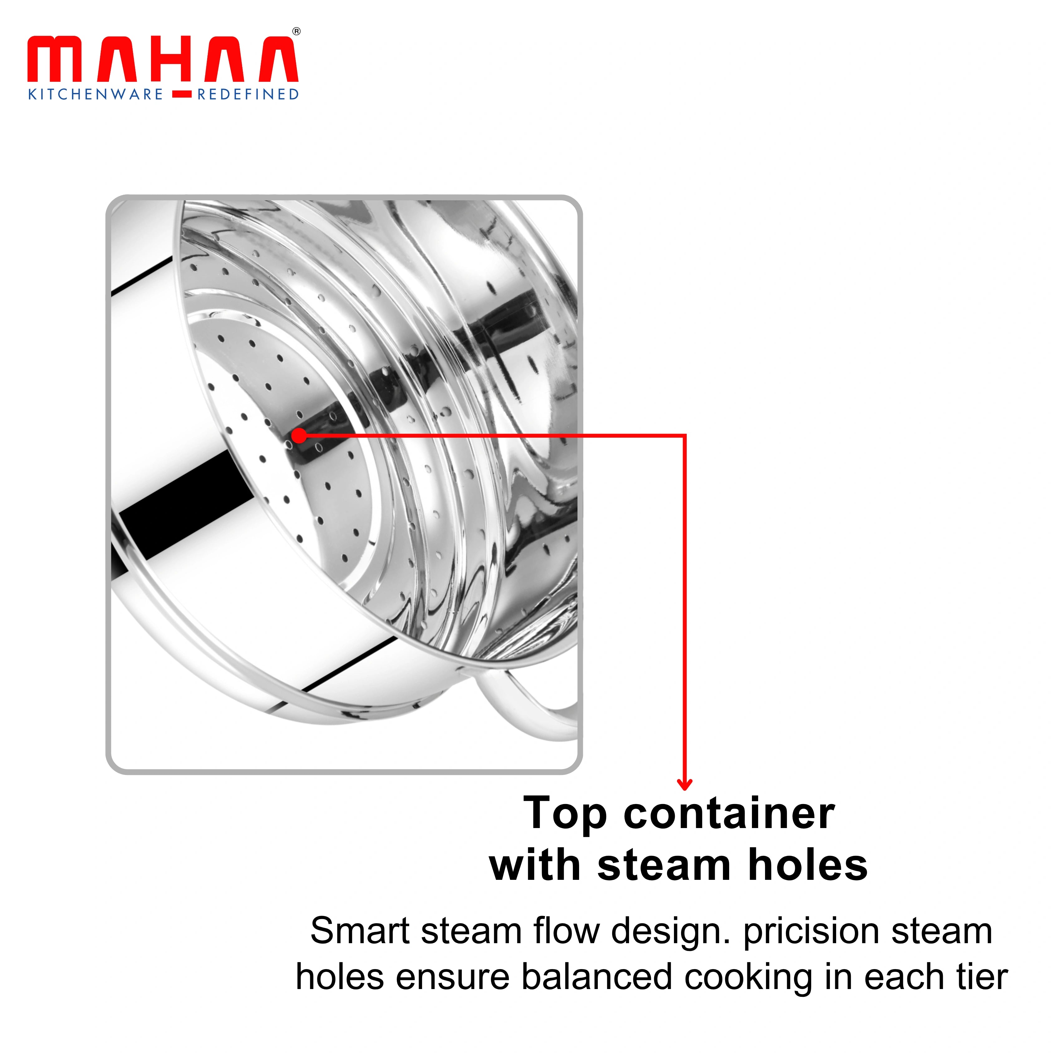 MAHAA Stainless Steel 2-Tier Utena Smart Steamer for Idlis, Momos & Vegetables | Tri Ply Base | Induction & Gas Compatible | Food-Grade SS | Easy to Clean (18CM / 20CM)