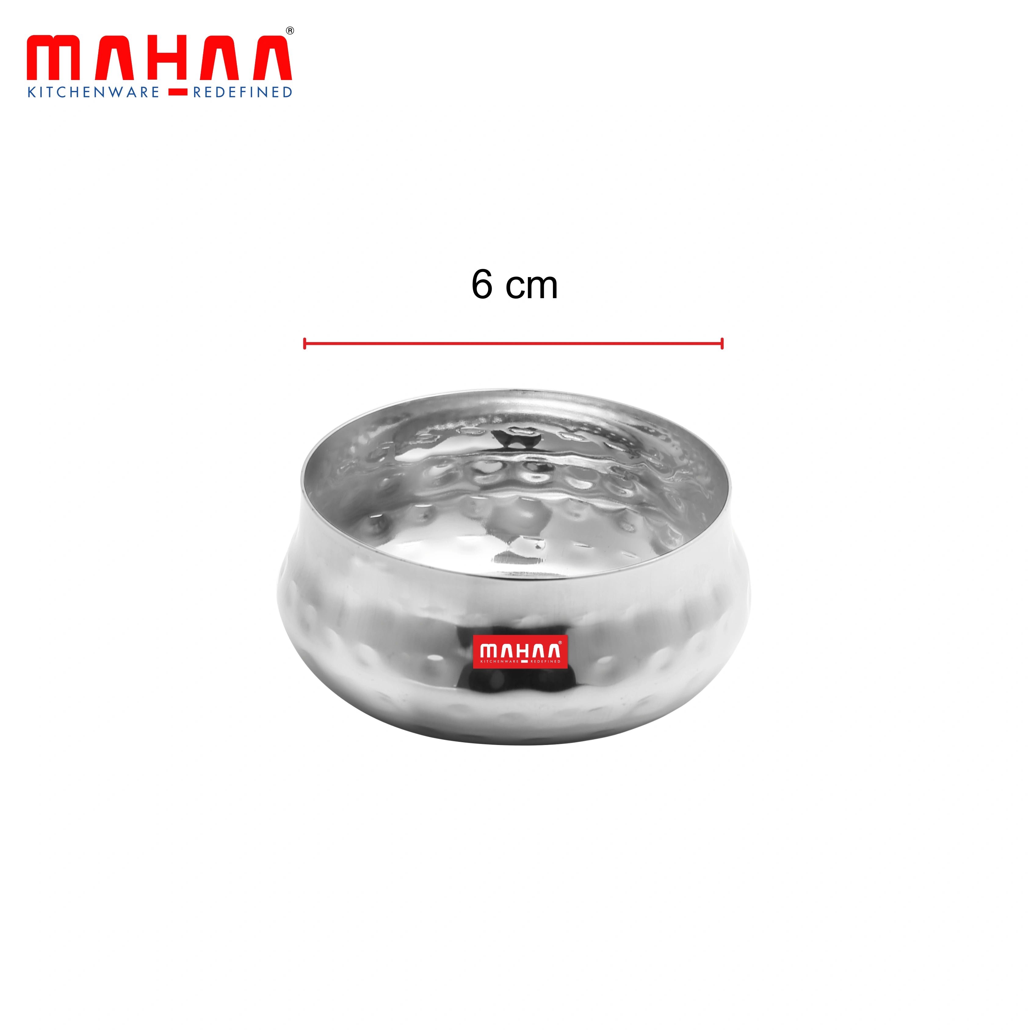 MAHAA Stainless Steel Bulging Katori – 2 Pcs Set | High Quality | Hammered Finish | Rust-Free & Dishwasher Safe | Ideal for Curries, Sweets & Side Servings | 6 cm, 7 cm, 8 cm, 12 cm
