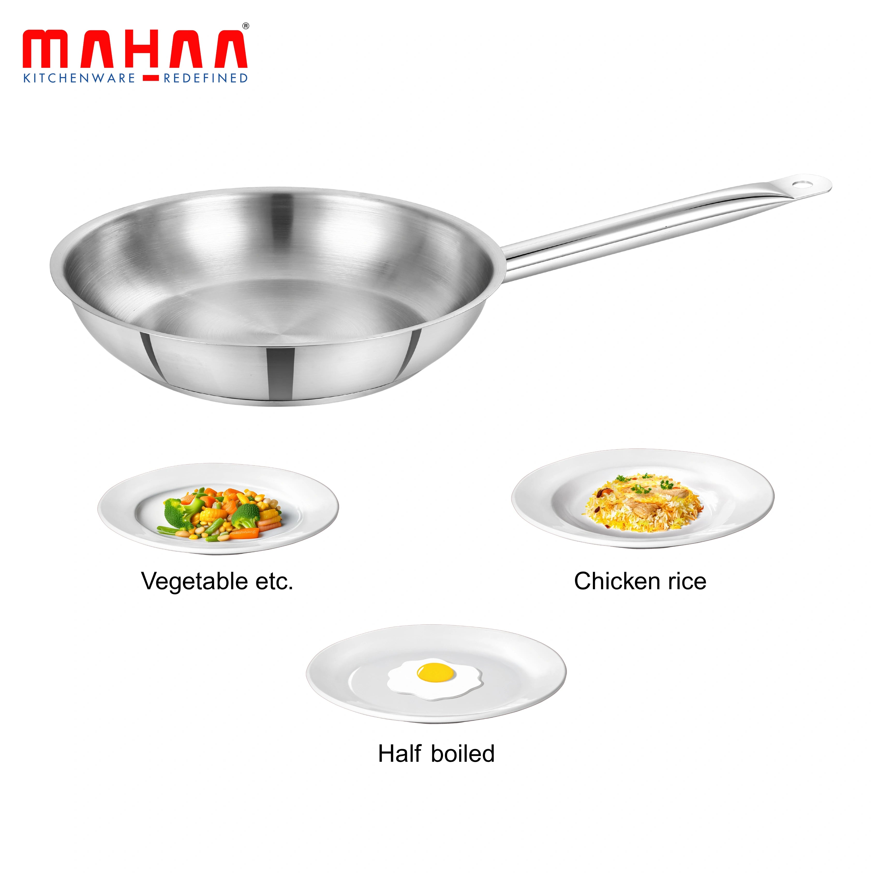 MAHAA Stainless Steel Professional Fry Pan – Scratch-Resistant Body | Heavy-Duty Stainless Steel | Tri Ply Base | Gas &  Induction Compatible | Cool-Touch Handle | 20/24/26/28/30/32 cm