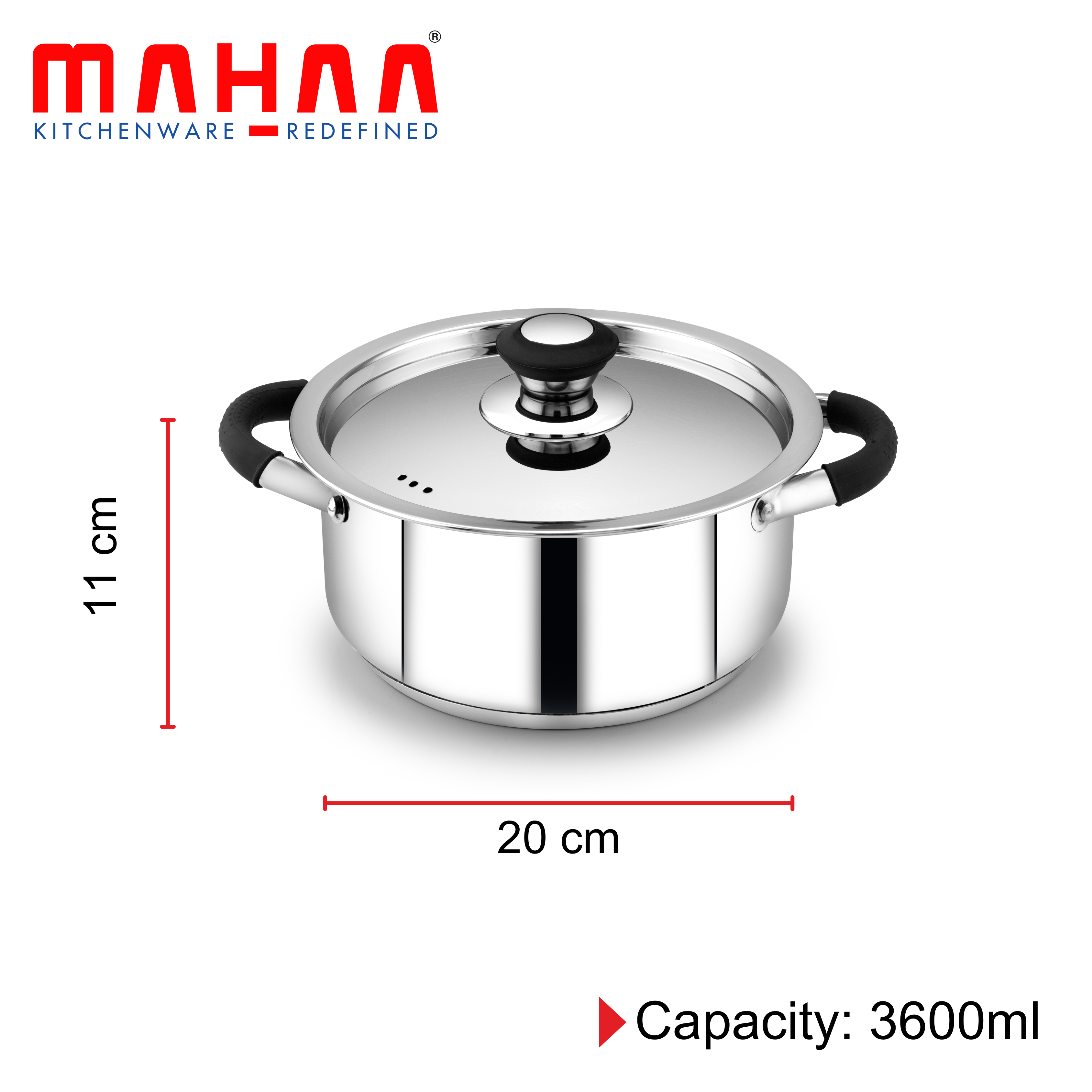 MAHAA Chroma Stainless Steel Casserole + Lid – Cook Curries, Dal, Rice| Easy Clean | Tri Ply Base | Non-stick | Gas & Induction Compatible | StayCool+ Handle and Knob | 2.5L/3.6L/4.5L