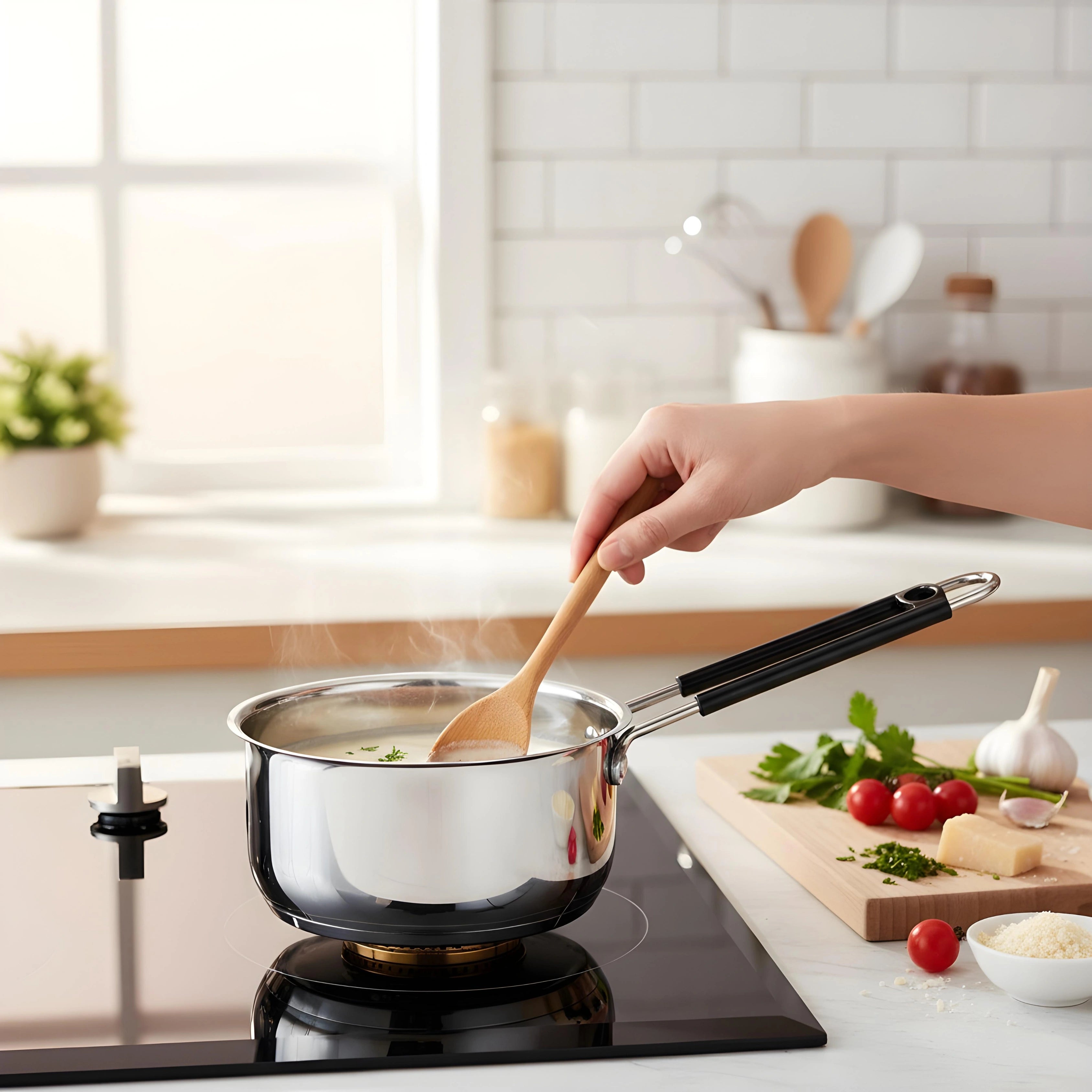 MAHAA Utena Stainless Steel Sauce Pan – Tea, Milk, Soup, Maggie Pan | Tri Ply Base | Non-stick | Gas & Induction Compatible | StayCool+ Handle | 14cm / 16cm / 18cm / 20cm