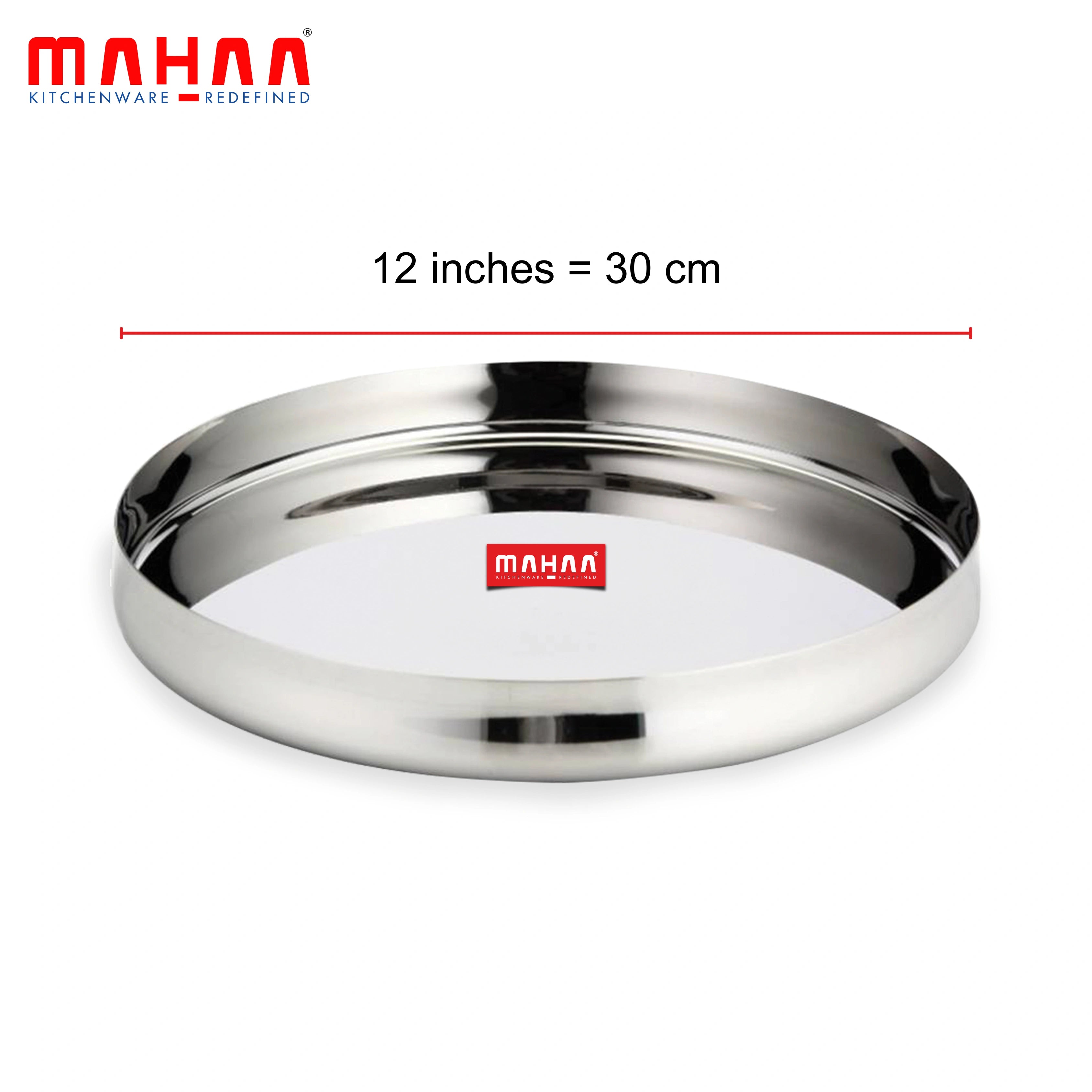 MAHAA Stainless Steel Bulging Thali – 2 Pcs Set | High Quality | Mirror Finish | Durable & Rust-Free | Ideal for Daily & Festive Use | 25cm, 28cm, 30.5cm, 33cm