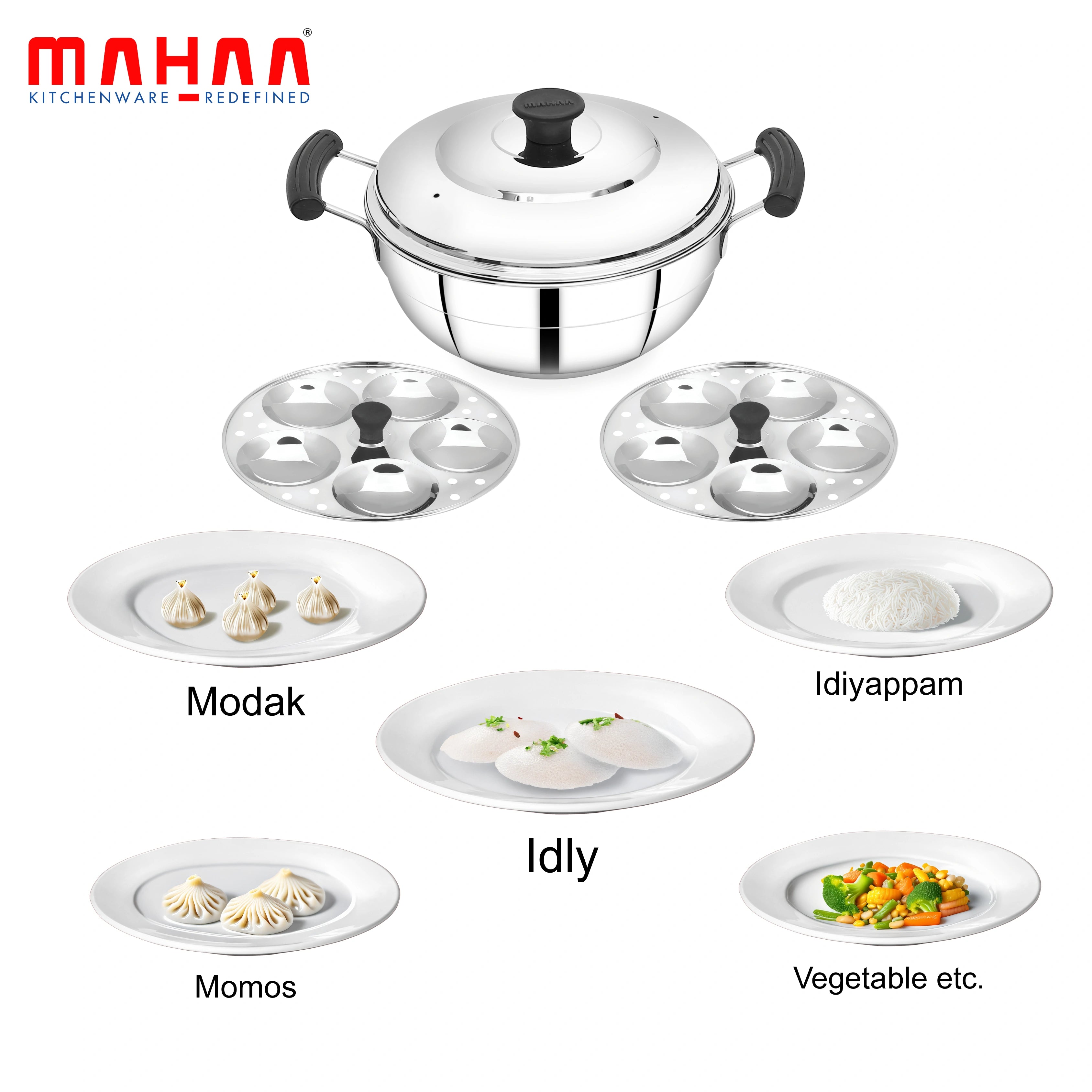 MAHAA Stainless Steel Multi Kadai 20CM – Versatile Kadai with Steam Release Lid | Steam Idlies, Idiyappams, Momos and Vegetables | Tri Ply Base | StayCool+ Handle & Lid Knob