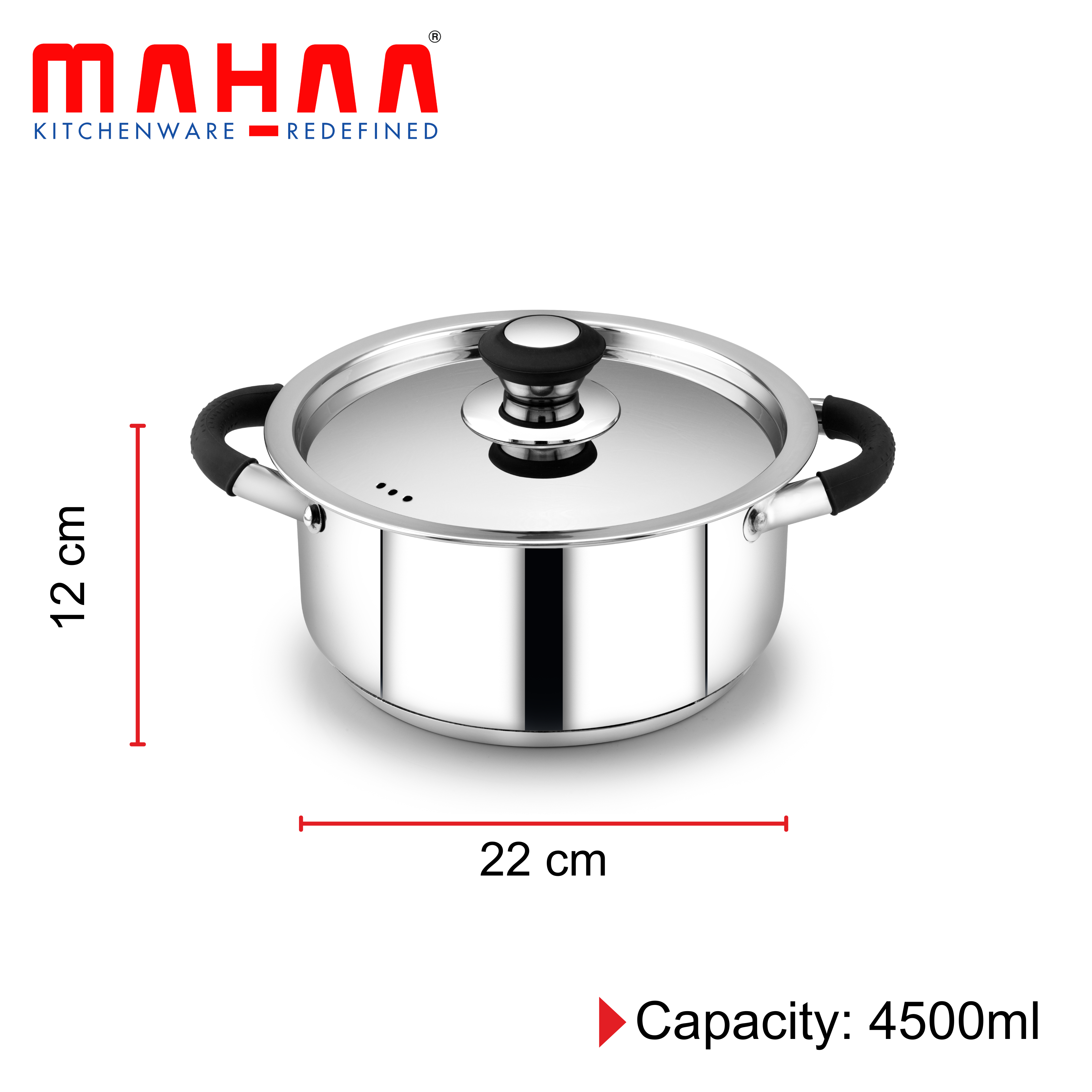 MAHAA Chroma Stainless Steel Casserole + Lid – Cook Curries, Dal, Rice| Easy Clean | Tri Ply Base | Non-stick | Gas & Induction Compatible | StayCool+ Handle and Knob | 2.5L/3.6L/4.5L