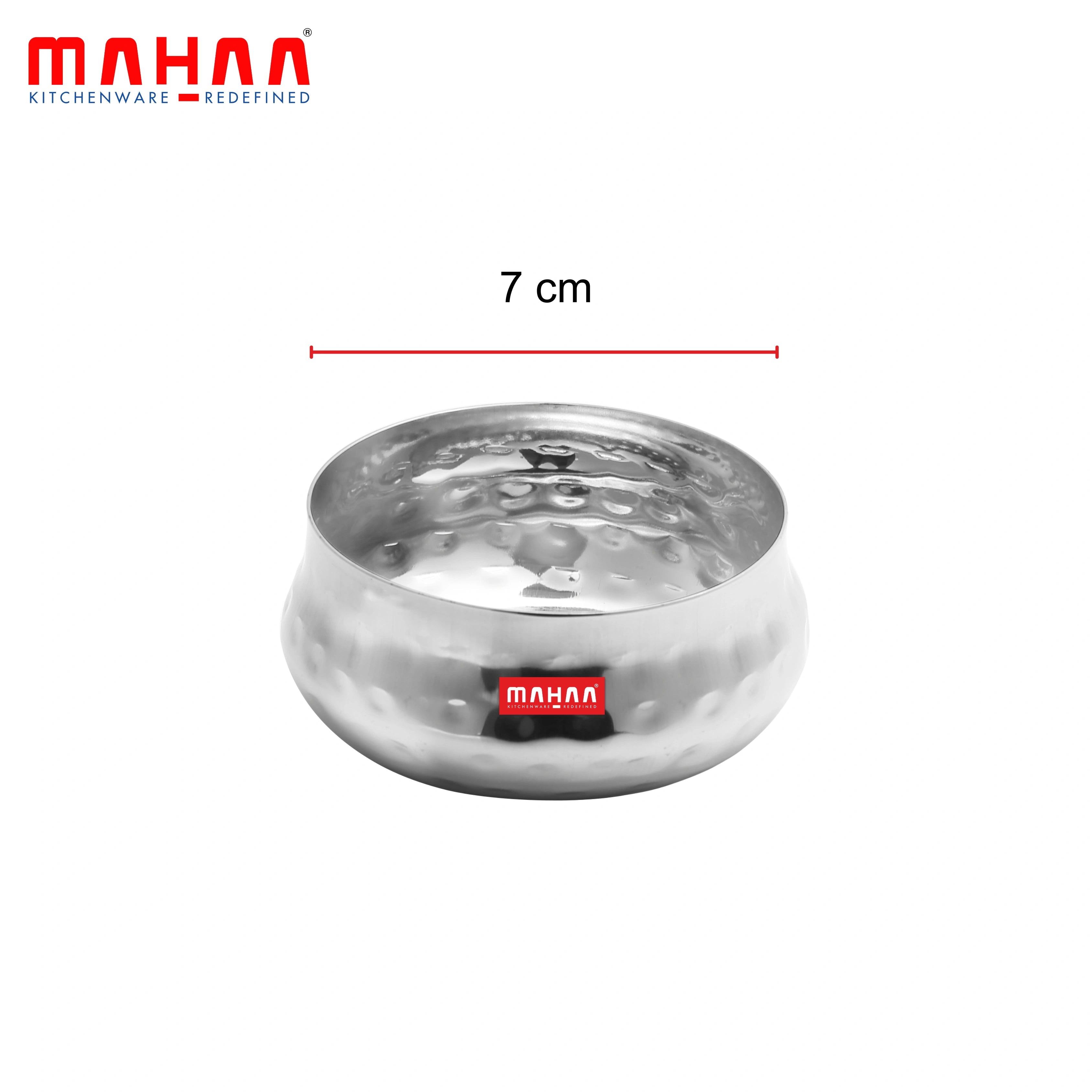 MAHAA Stainless Steel Bulging Katori – 2 Pcs Set | High Quality | Hammered Finish | Rust-Free & Dishwasher Safe | Ideal for Curries, Sweets & Side Servings | 6 cm, 7 cm, 8 cm, 12 cm