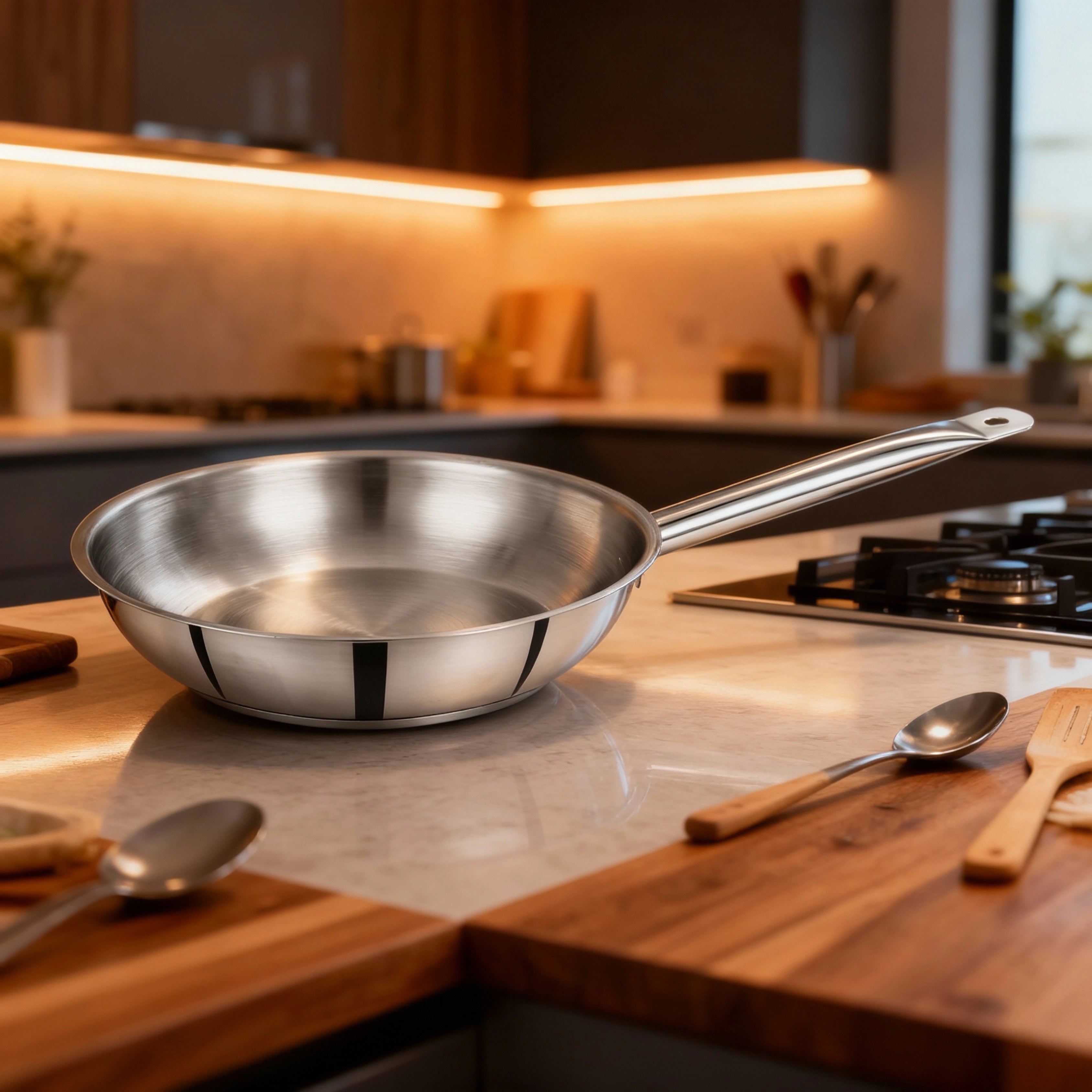 MAHAA Stainless Steel Professional Fry Pan – Scratch-Resistant Body | Heavy-Duty Stainless Steel | Tri Ply Base | Gas &  Induction Compatible | Cool-Touch Handle | 20/24/26/28/30/32 cm