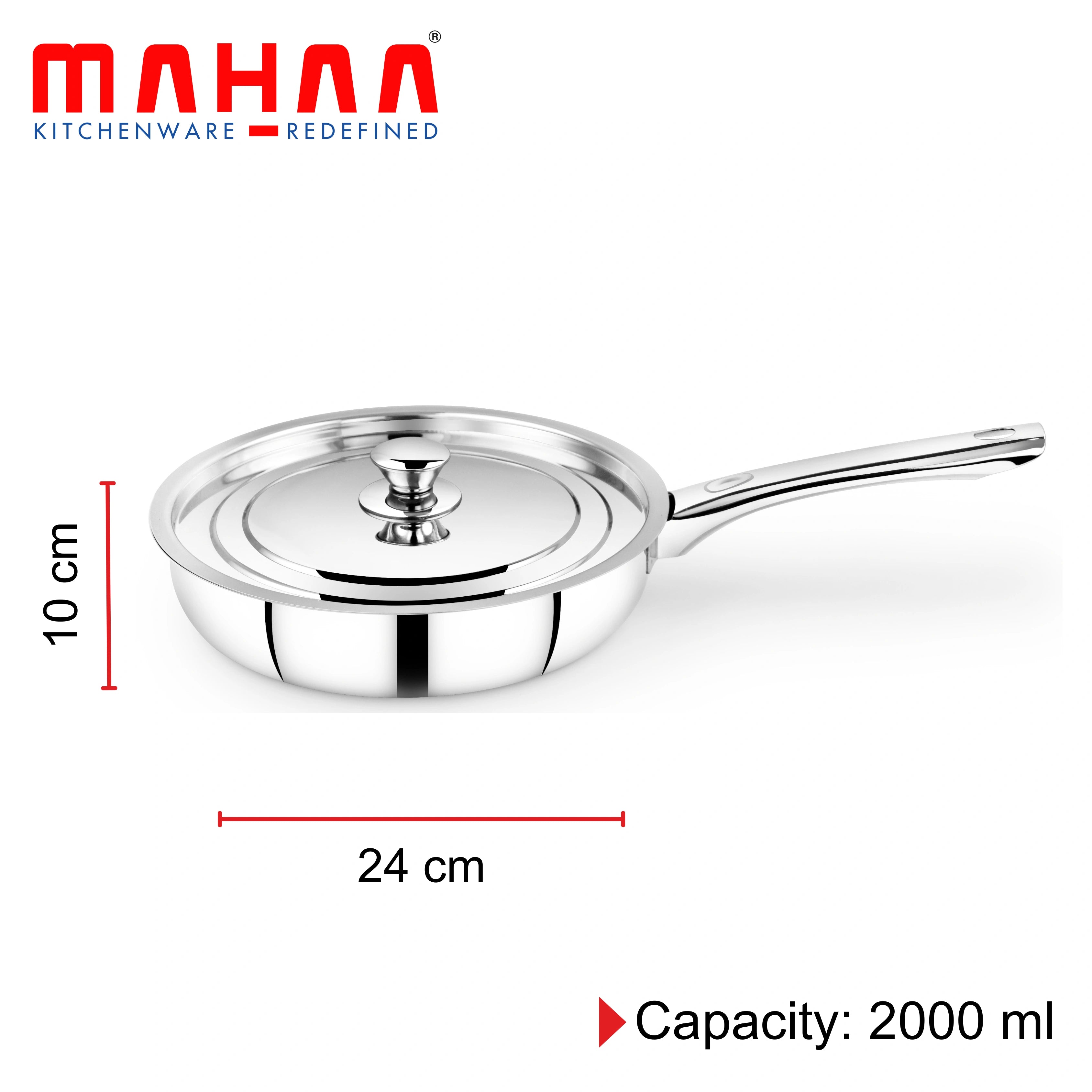 MAHAA Stainless Steel Fry Pan with Lid & Hotpot – 24CM Frying Pan + 1.5L Insulated Casserole for Daily Cooking & Serving