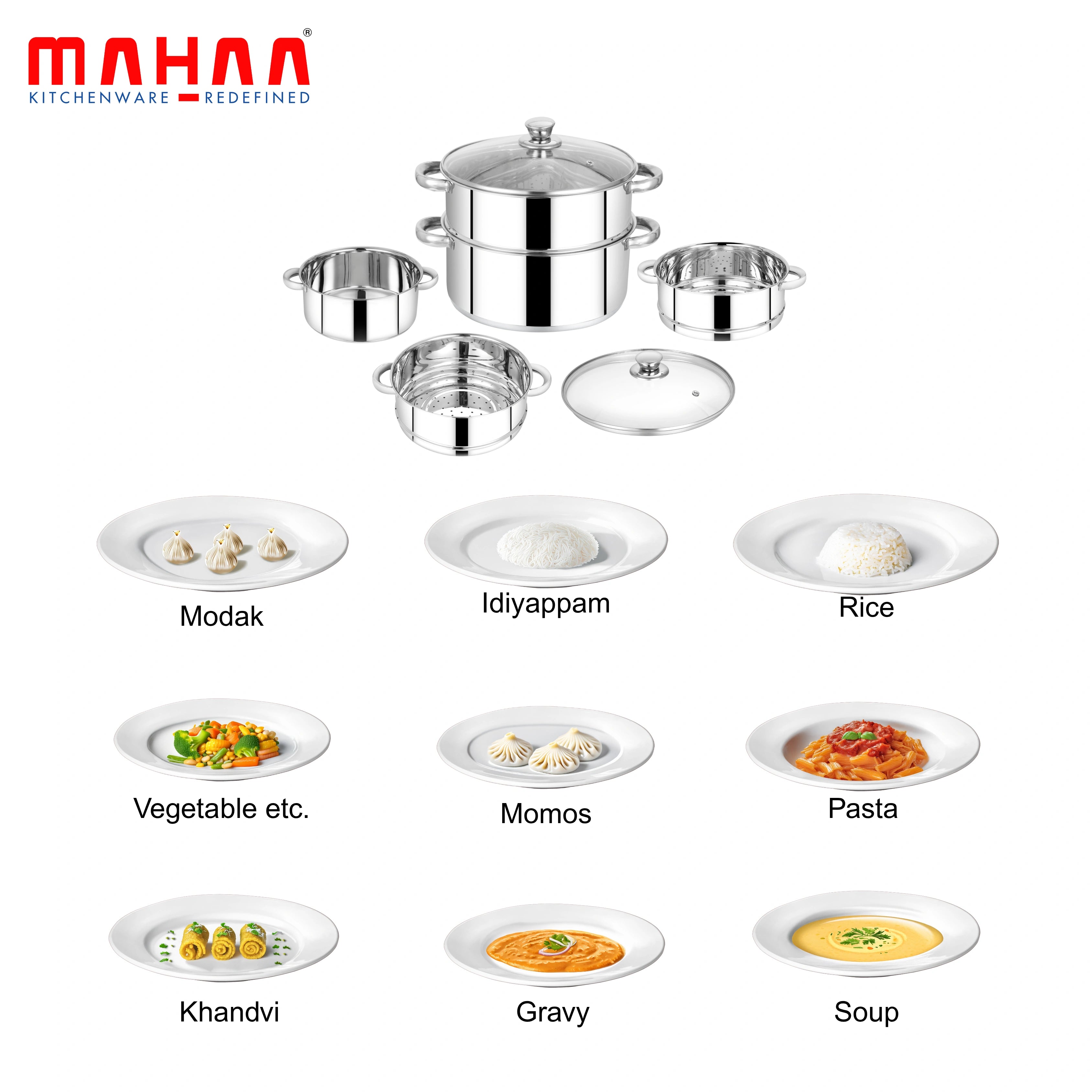 MAHAA Stainless Steel 2-Tier Utena Smart Steamer for Idlis, Momos & Vegetables | Tri Ply Base | Induction & Gas Compatible | Food-Grade SS | Easy to Clean (18CM / 20CM)