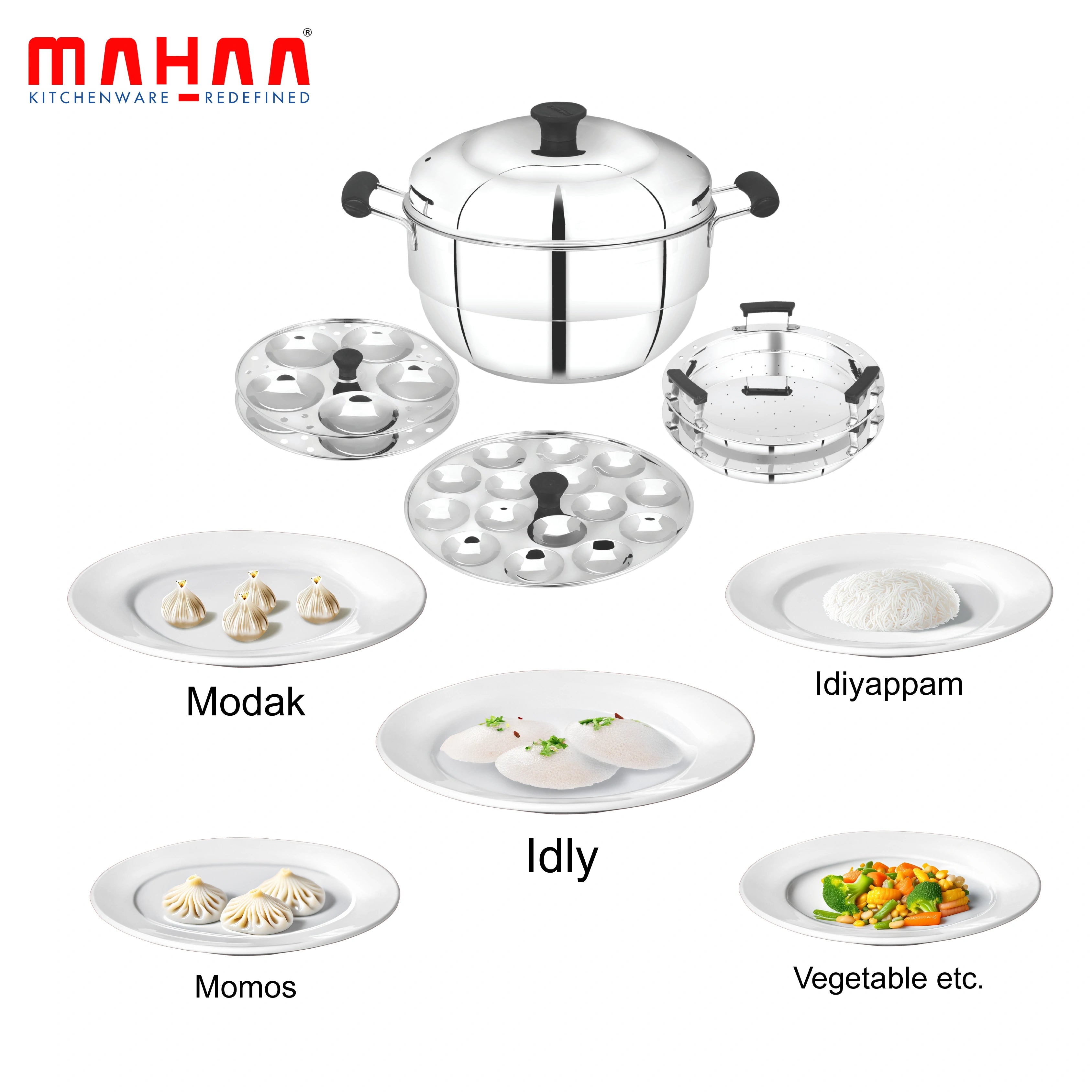 MAHAA Stainless Steel Multi Kadai 22CM – Versatile Kadai with Steam Release Lid | Steam Idlis, Mini Idlis, Dhokla, Idiyappams, Momos and Vegetables | Tri Ply Base | StayCool+ Handle & Lid Knob