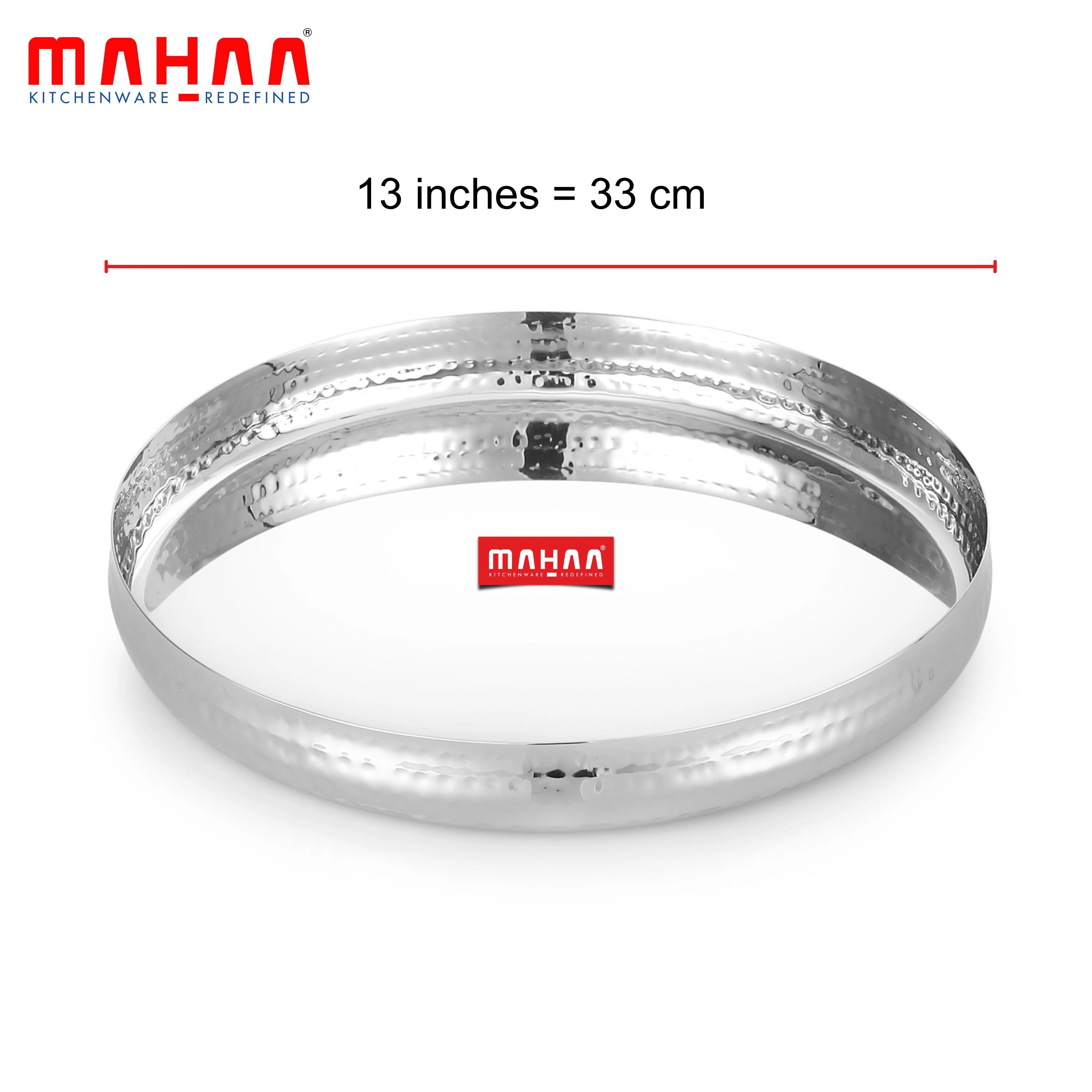 MAHAA Stainless Steel Bulging Thali – 2 Pcs Set | High Quality | Hammered Finish | Durable & Rust-Free | Ideal for Daily & Festive Use | 25cm, 28cm, 30.5cm, 33cm