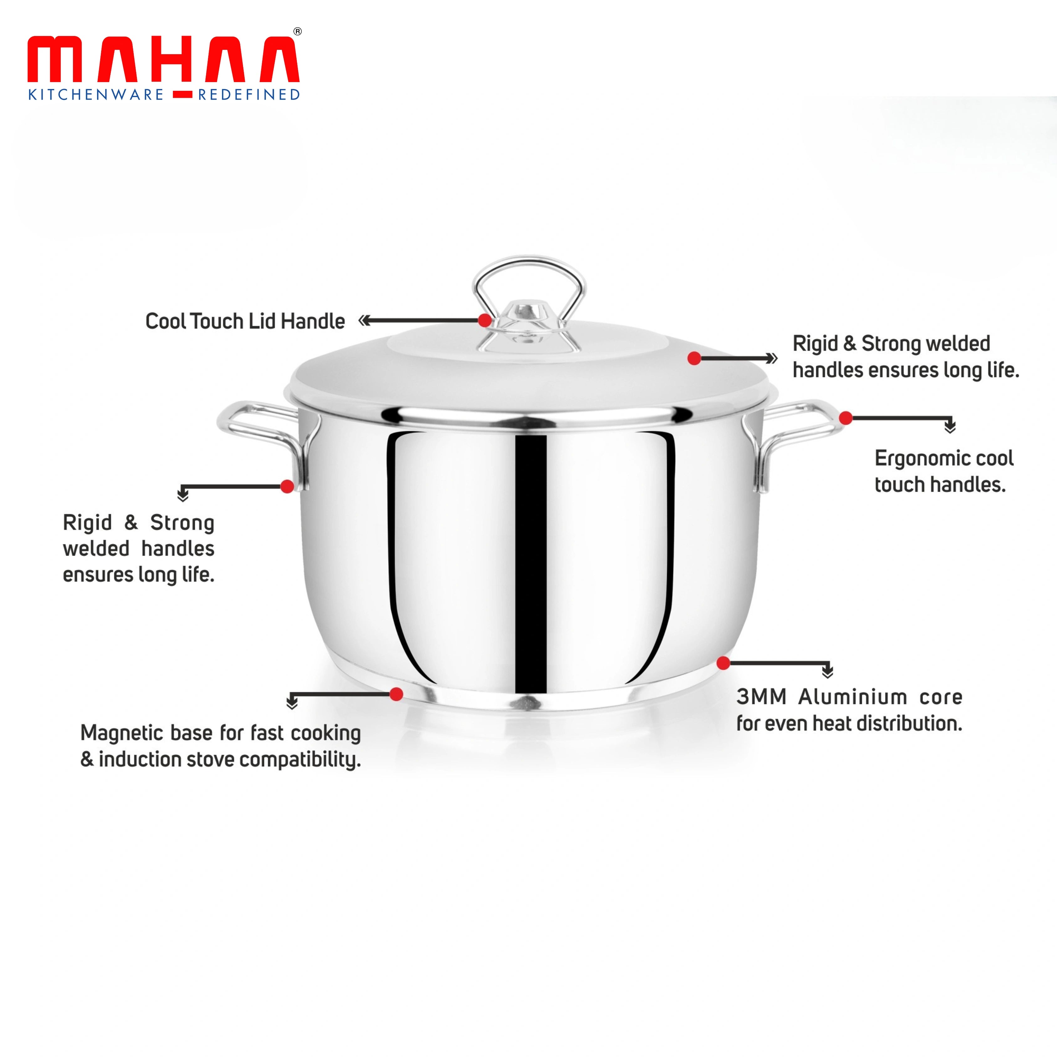 MAHAA Avanti Stainless Steel Cooking / Biryani Pot – Premium Quality with Snug-Fit Lid | Tri Ply Base | Non-stick | Gas & Induction Compatible | Cool-Touch Handle | 1.2L to 11.6L | Free ₹300 SS Water Bottle