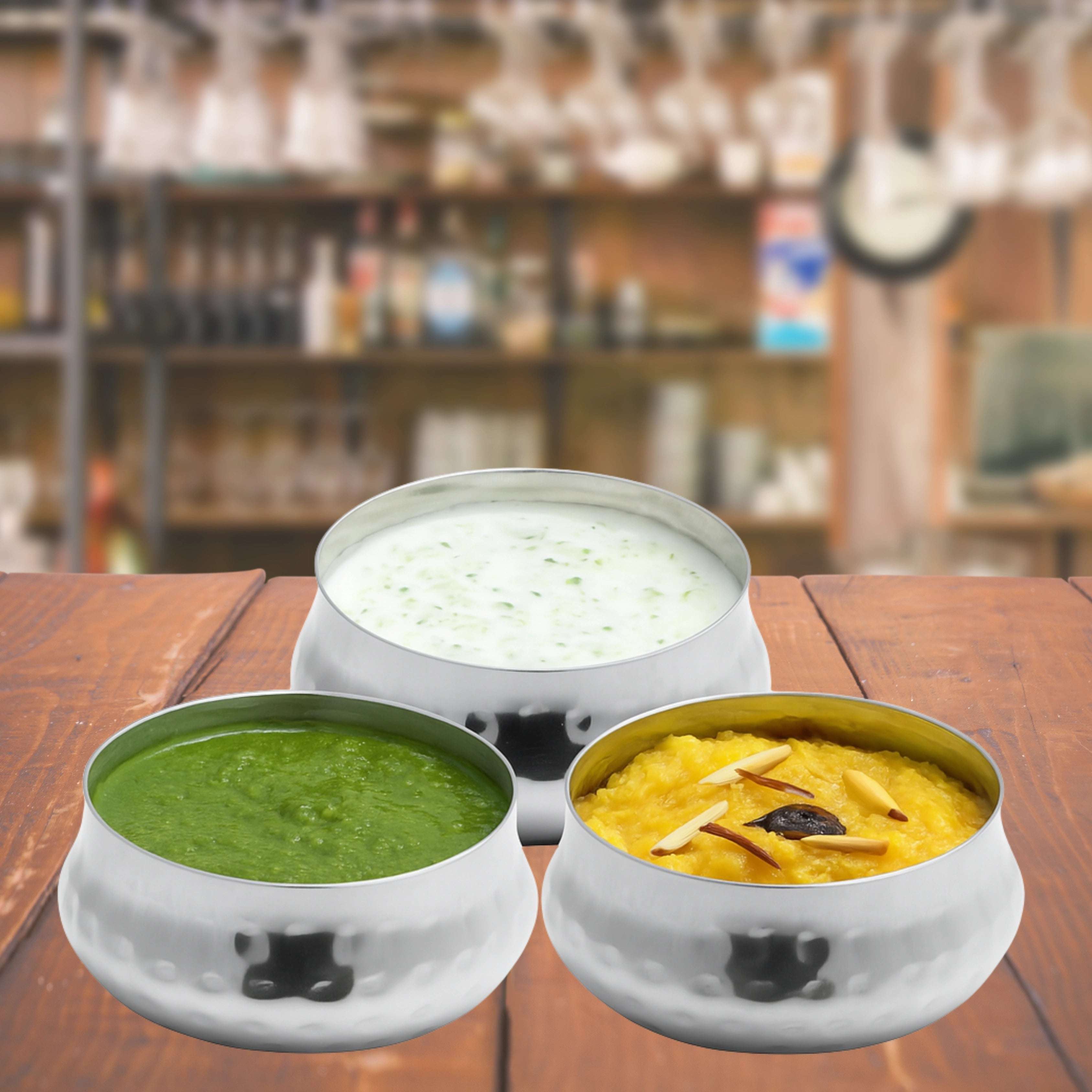 Stainless Steel Bulging Katori – 2 Pcs Set | High Quality | Hammered Finish | Rust-Free & Dishwasher Safe | Ideal for Curries, Sweets & Side Servings