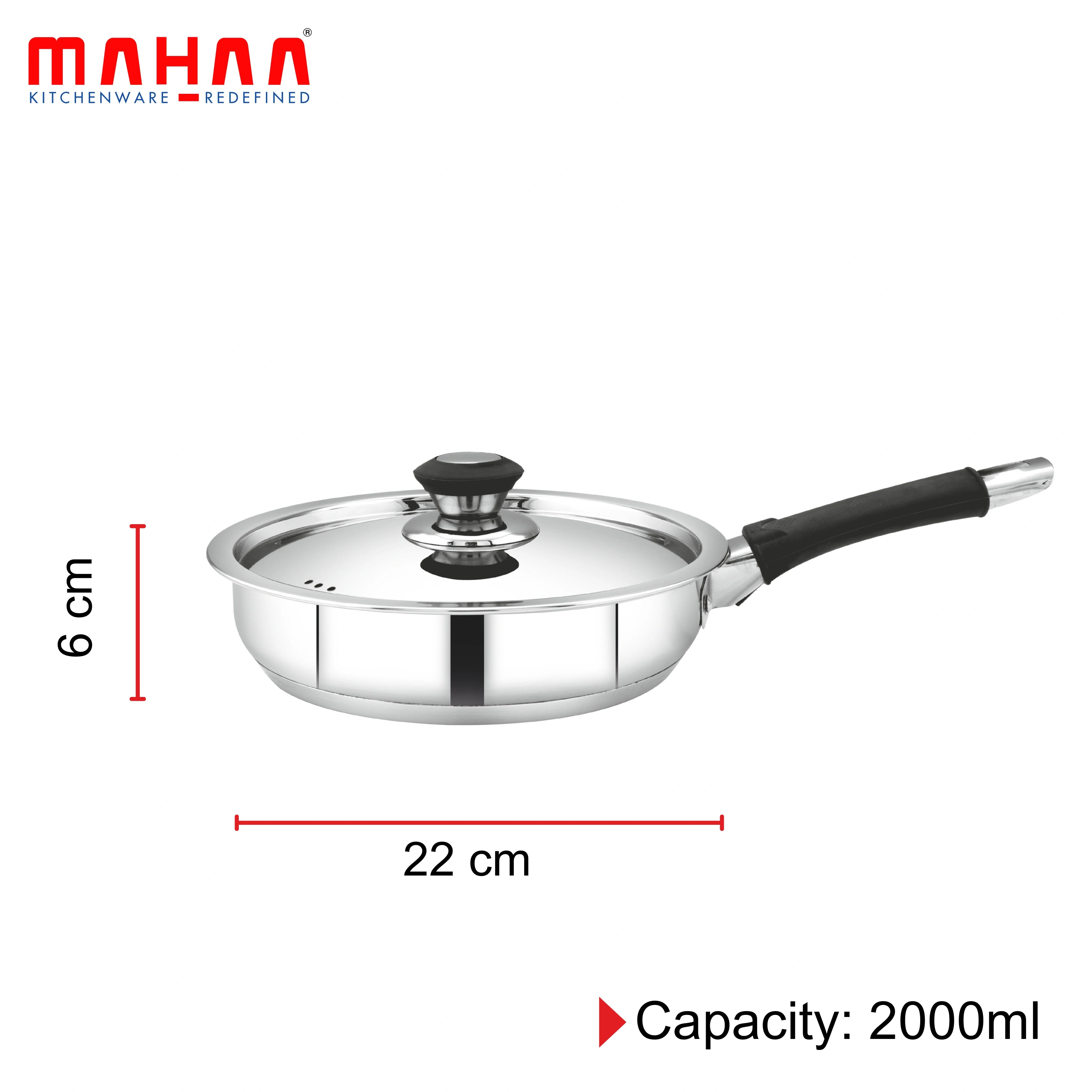 MAHAA Stainless Steel Chroma Triply Cookware Combo Set – Frypan & Casserole (22CM + 22CM) | Induction & Gas Compatible | Stainless Steel with Lid | No Coating, 100% Food-Safe