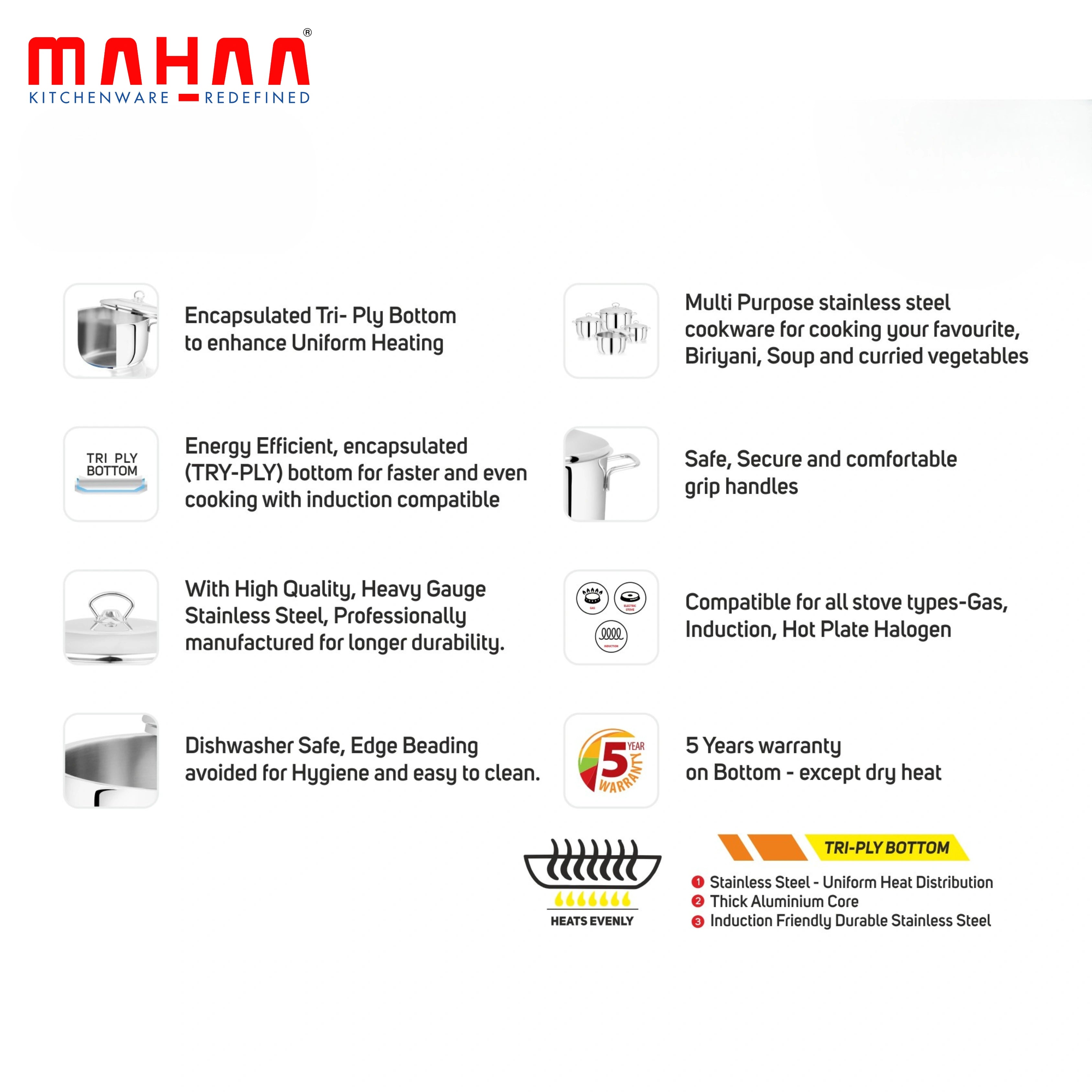 MAHAA Avanti Stainless Steel Cooking / Biryani Pot – Premium Quality with Snug-Fit Lid | Tri Ply Base | Non-stick | Gas & Induction Compatible | Cool-Touch Handle | 1.2L to 11.6L | Free ₹300 SS Water Bottle