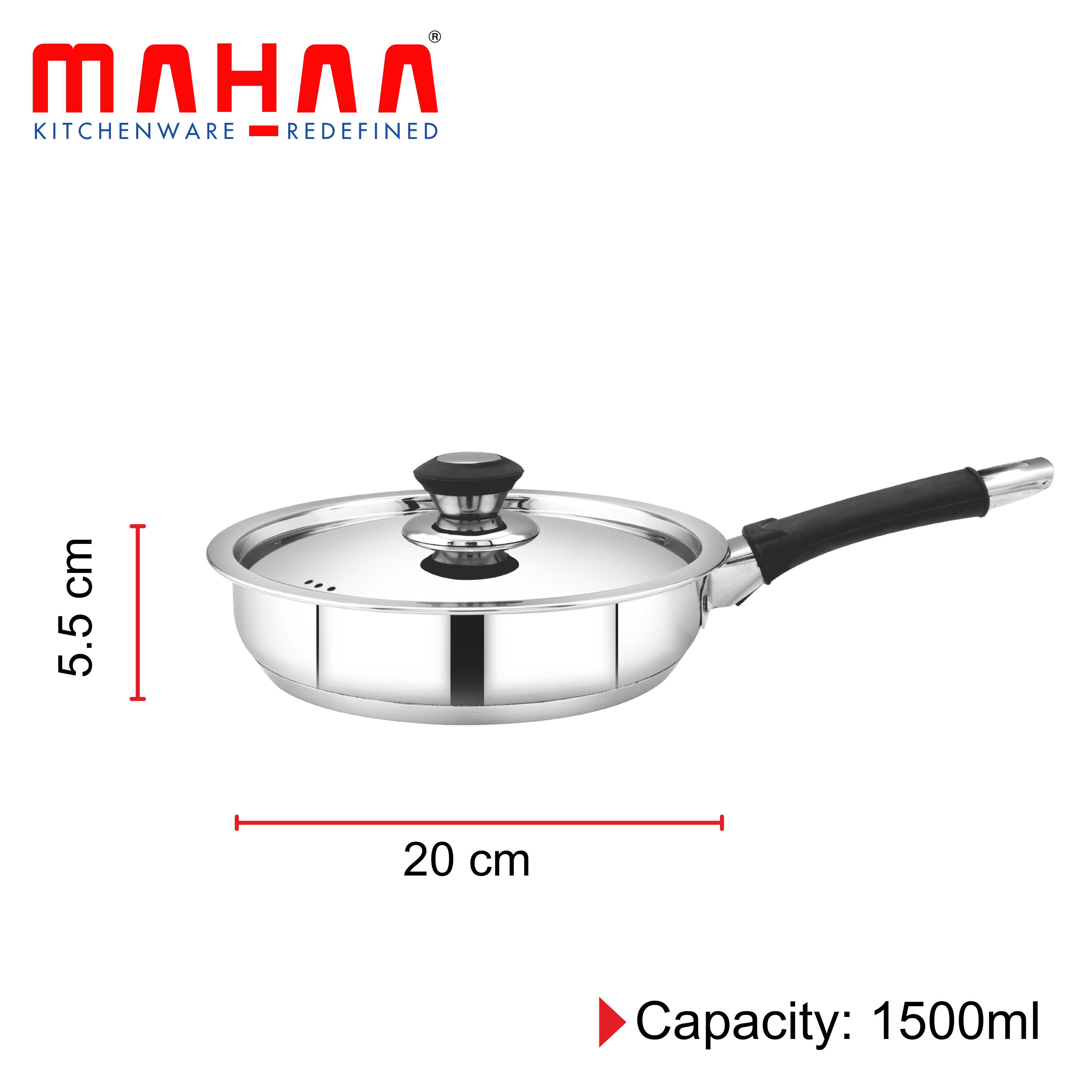 MAHAA Chroma Stainless Steel Fry Pan + Lid – Cook & Saute Curries, Dal, Pasta | Easy Clean | Tri Ply Base | Non-stick | Gas & Induction Compatible | StayCool+ Handle and Knob | 20 cm / 22 cm