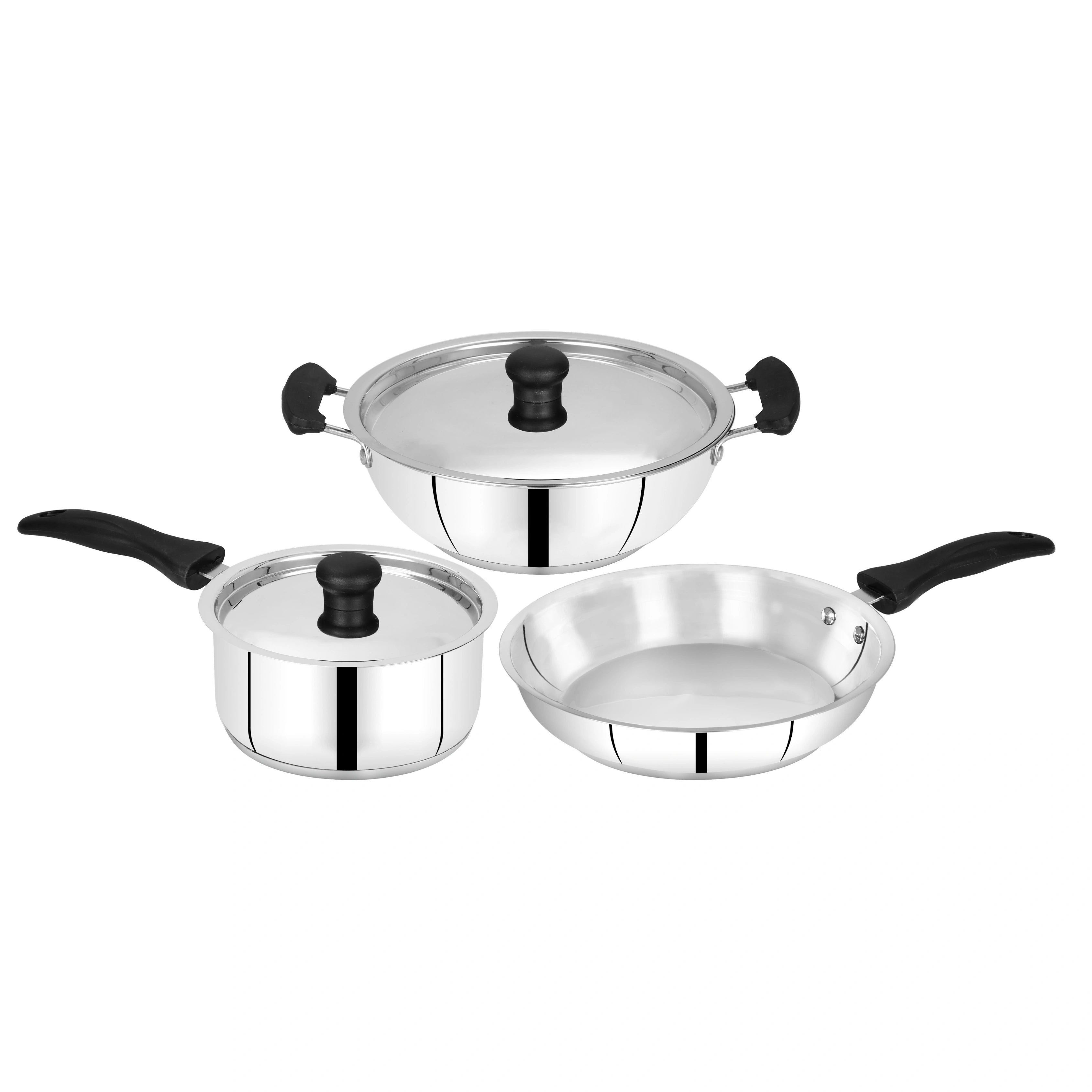 MAHAA Zen Stainless Steel Cookware Combo 5 Pc Set: Kadai  + Lid, Tea/Milk Pan + Lid, Fry Pan | Tri Ply Base | Non-stick | Gas & Induction Compatible | StayCool+ Handle and Knob| Gift Set