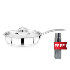 MAHAA Avanti Stainless Steel Fry Pan – Premium Quality with Snug-Fit Lid | Tri Ply Base | Non-stick | Gas & Induction Compatible | Cool-Touch Handle | 1.2L to 2L | Free ₹300 SS Water Bottle
