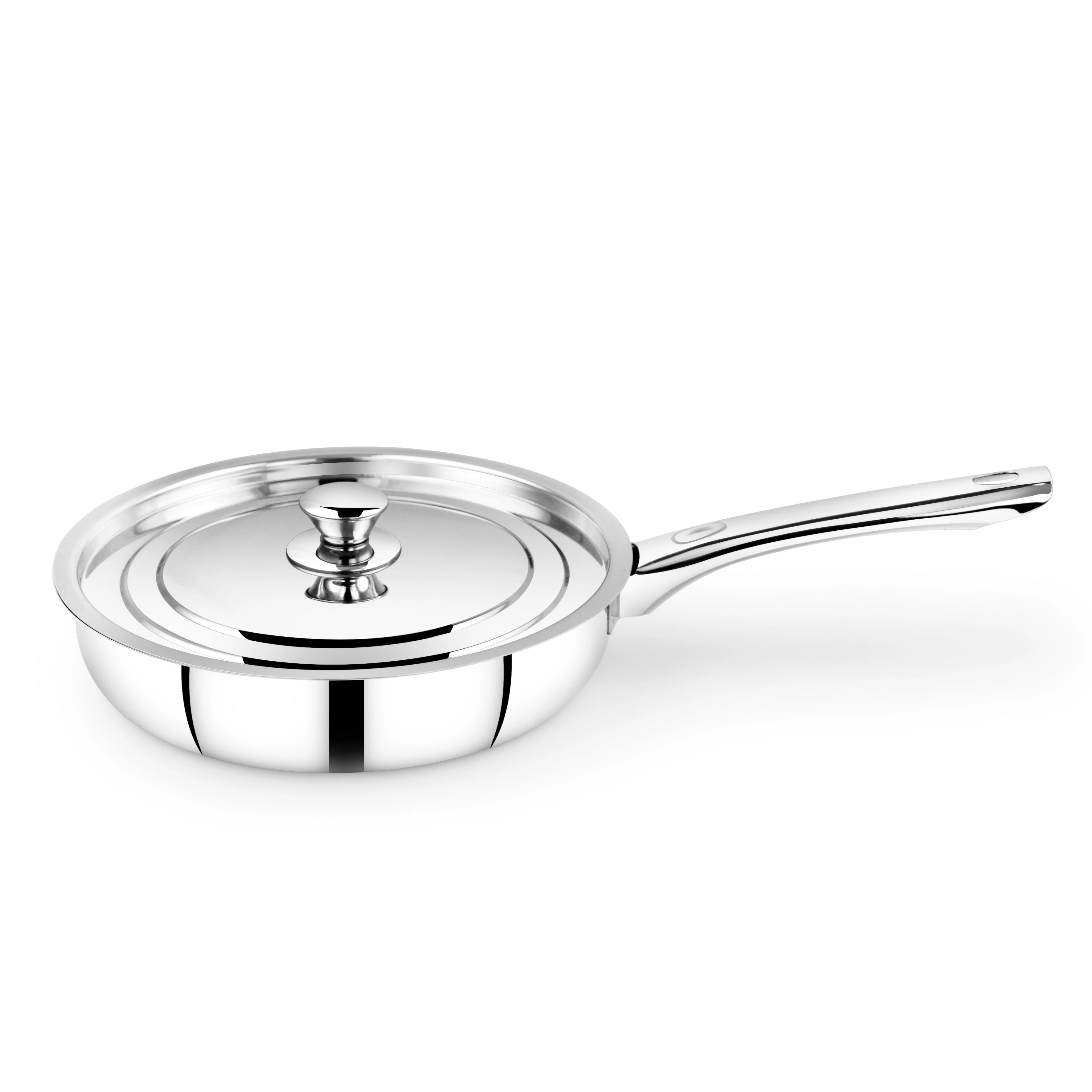 MAHAA Classic Stainless Steel Fry Pan + Lid | Cook & Saute Curries, Dal, Pasta | Gas & Induction Compatible | Cool Touch Handle and Knob | 20CM / 22CM