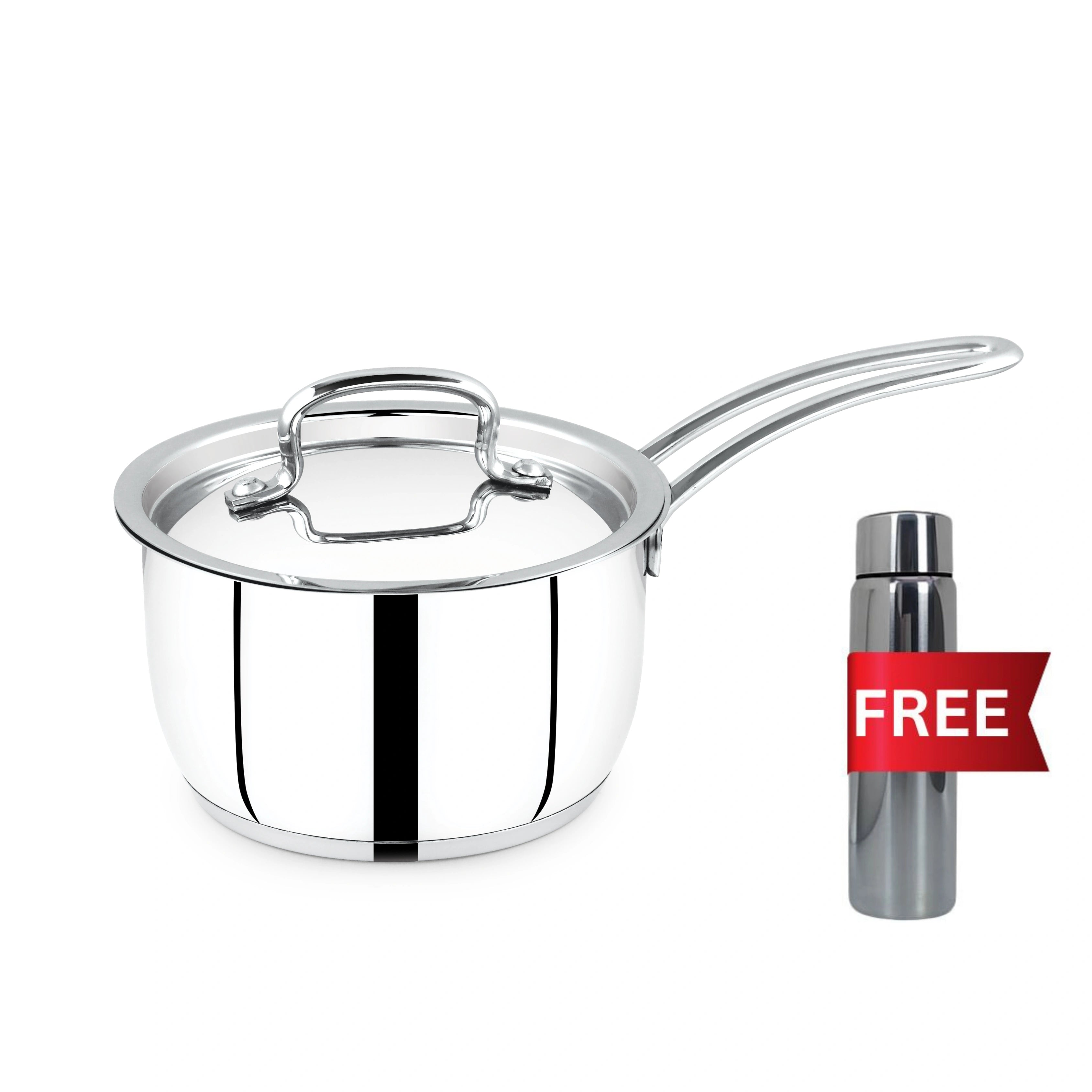 MAHAA Avanti Stainless Steel Sauce Pan – Premium Quality with Snug-Fit Lid | Tri Ply Base | Non-stick | Gas & Induction Compatible | Cool-Touch Handle | 1.2L to 3.6L | Free ₹300 SS Water Bottle