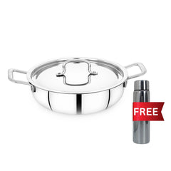MAHAA Avanti Stainless Steel Kadai – Premium Quality with Snug-Fit Lid | Tri Ply Base | Non-stick | Gas & Induction Compatible | Cool-Touch Handle | 1.2L to 4.7L | Free ₹300 SS Water Bottle