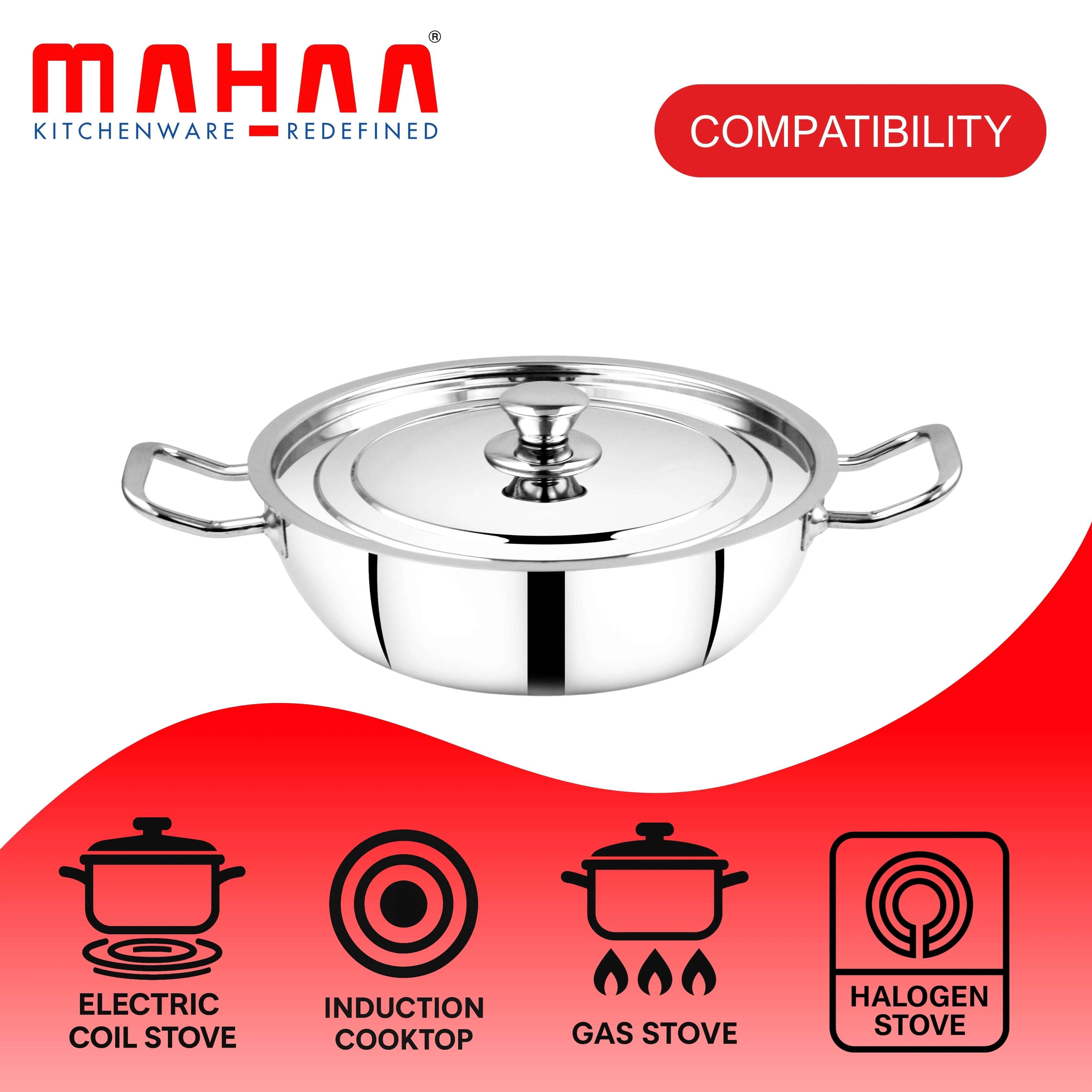 Classic Stainless Steel Kadai with Lid – Deep Frying Pan for Daily Cooking | Gas Stove Compatible | With Cool-Touch Handle | 22CM / 24CM