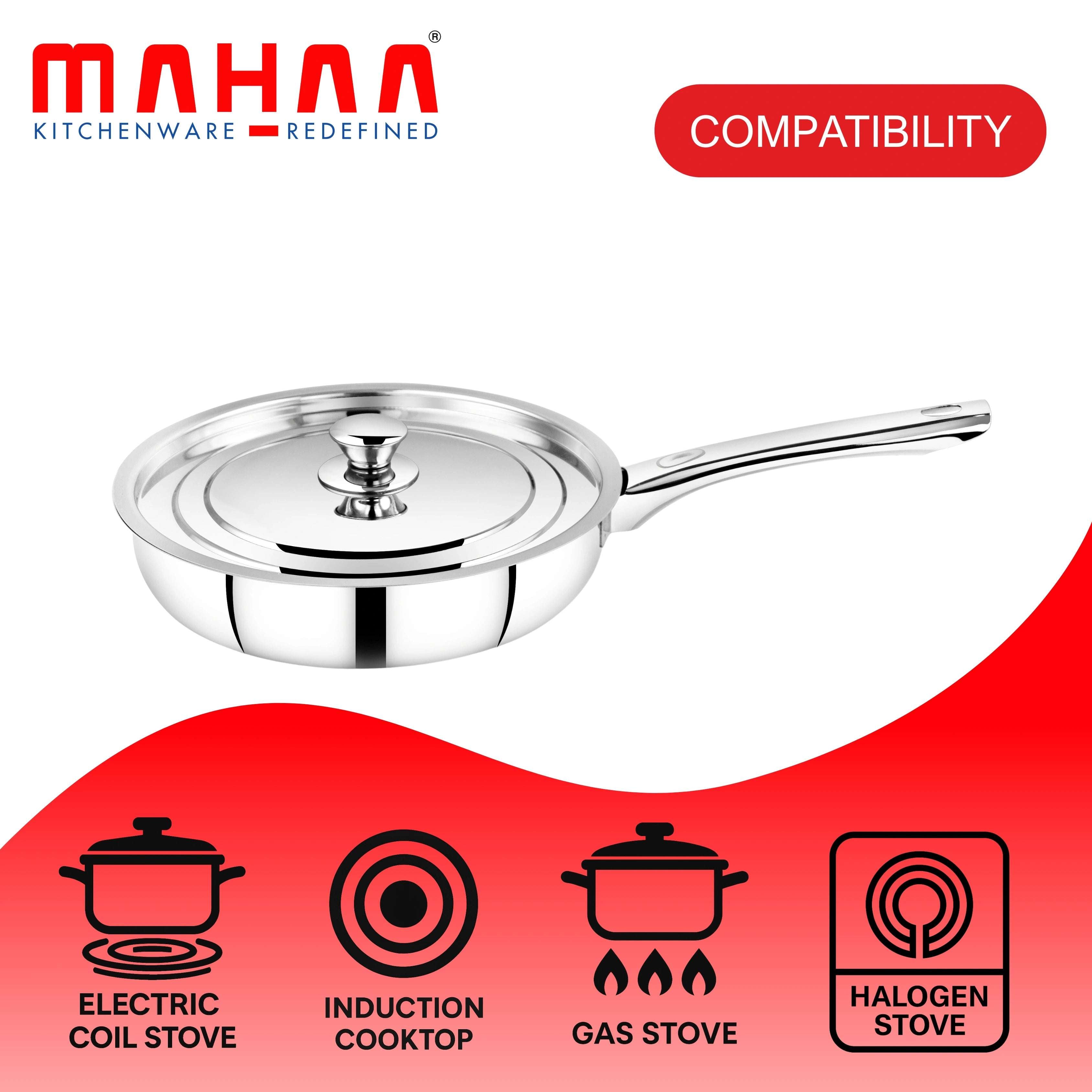 Classic Stainless Steel Fry Pan with Lid | Rust-Free Mirror Finish | Gas & Induction Compatible | Dishwasher Safe | 20CM / 22CM / 24CM