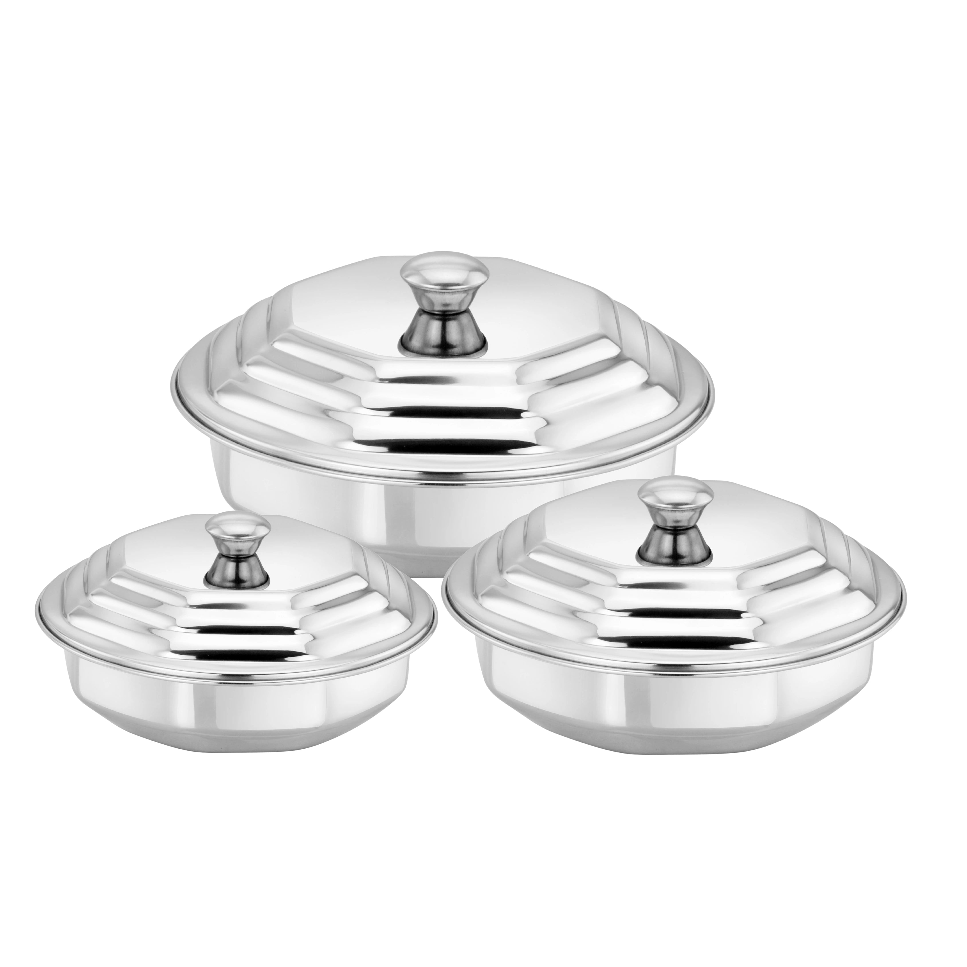 MAHAA Round Octagon Dining Dish Set – 3-Piece Stainless Steel Serving Bowls | Mirror Finish | Snug-Fit Lids | Rust-Free & Durable | Serve Gravy, Sabzi, Dal, Biryani, Rice, Sweets