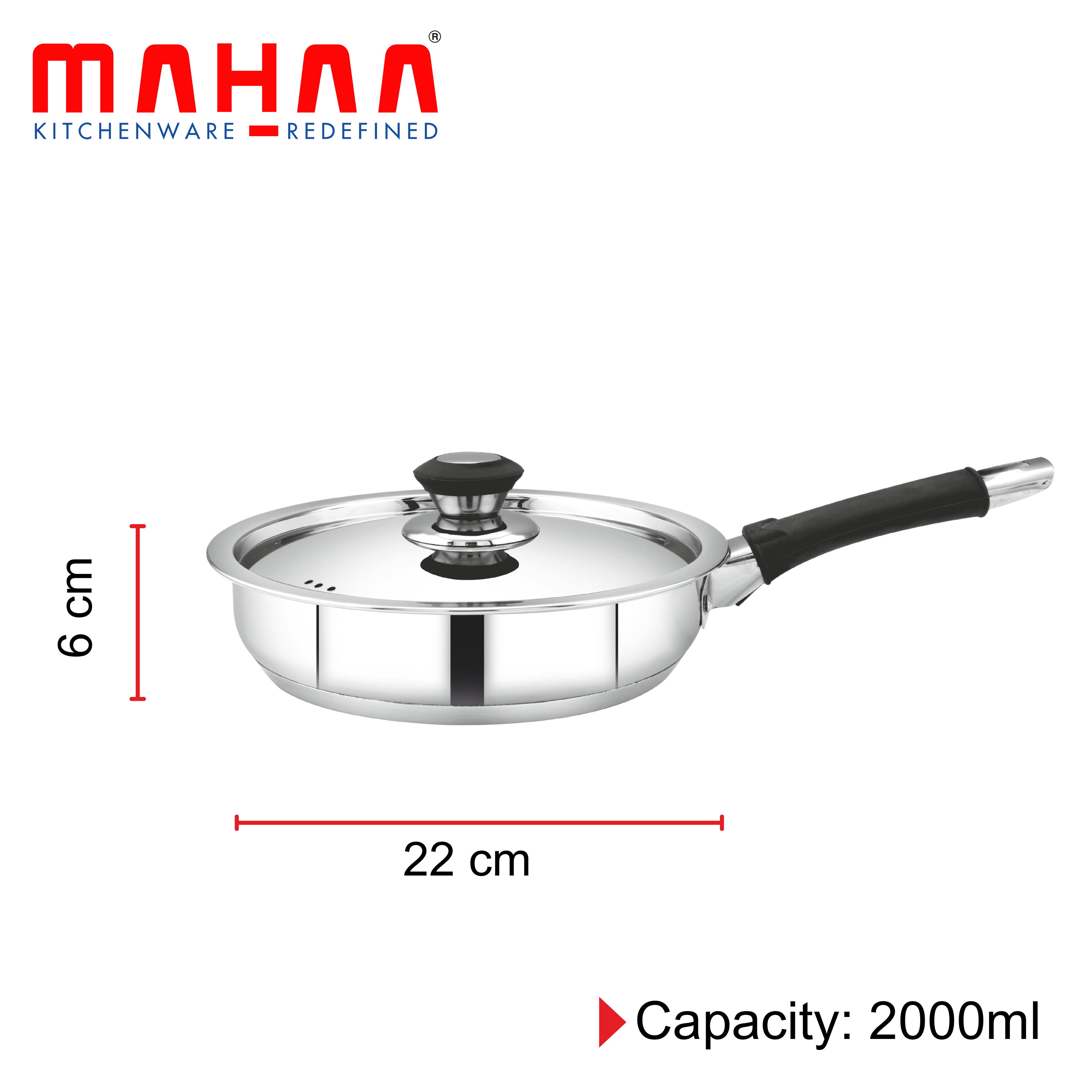 MAHAA Chroma Stainless Steel Fry Pan + Lid – Cook & Saute Curries, Dal, Pasta | Easy Clean | Tri Ply Base | Non-stick | Gas & Induction Compatible | StayCool+ Handle and Knob | 20 cm / 22 cm