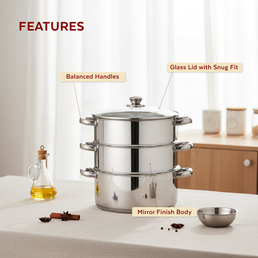Stainless Steel 3-Tier Utena Smart Steamer for Idlis, Momos & Vegetables, Tri Ply Base, Induction & Gas Compatible, Food-Grade SS, Easy to Clean (18CM / 20CM)