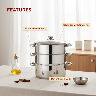 Stainless Steel 3-Tier Utena Smart Steamer for Idlis, Momos & Vegetables, Tri Ply Base, Induction & Gas Compatible, Food-Grade SS, Easy to Clean (18CM / 20CM)